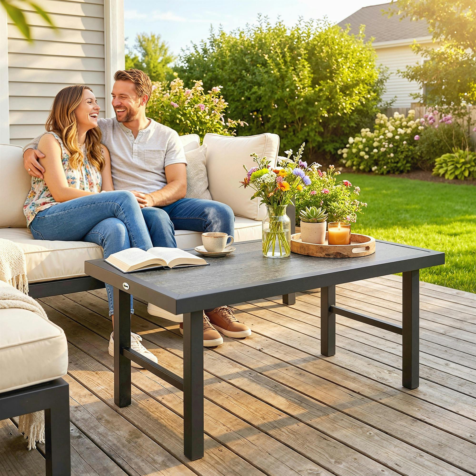 Rackhams Dark/Grey Garden Coffee Table With Spc Woodgrain Tabletop, - 1 - 100L X 52W X 46H Cm - 52.0