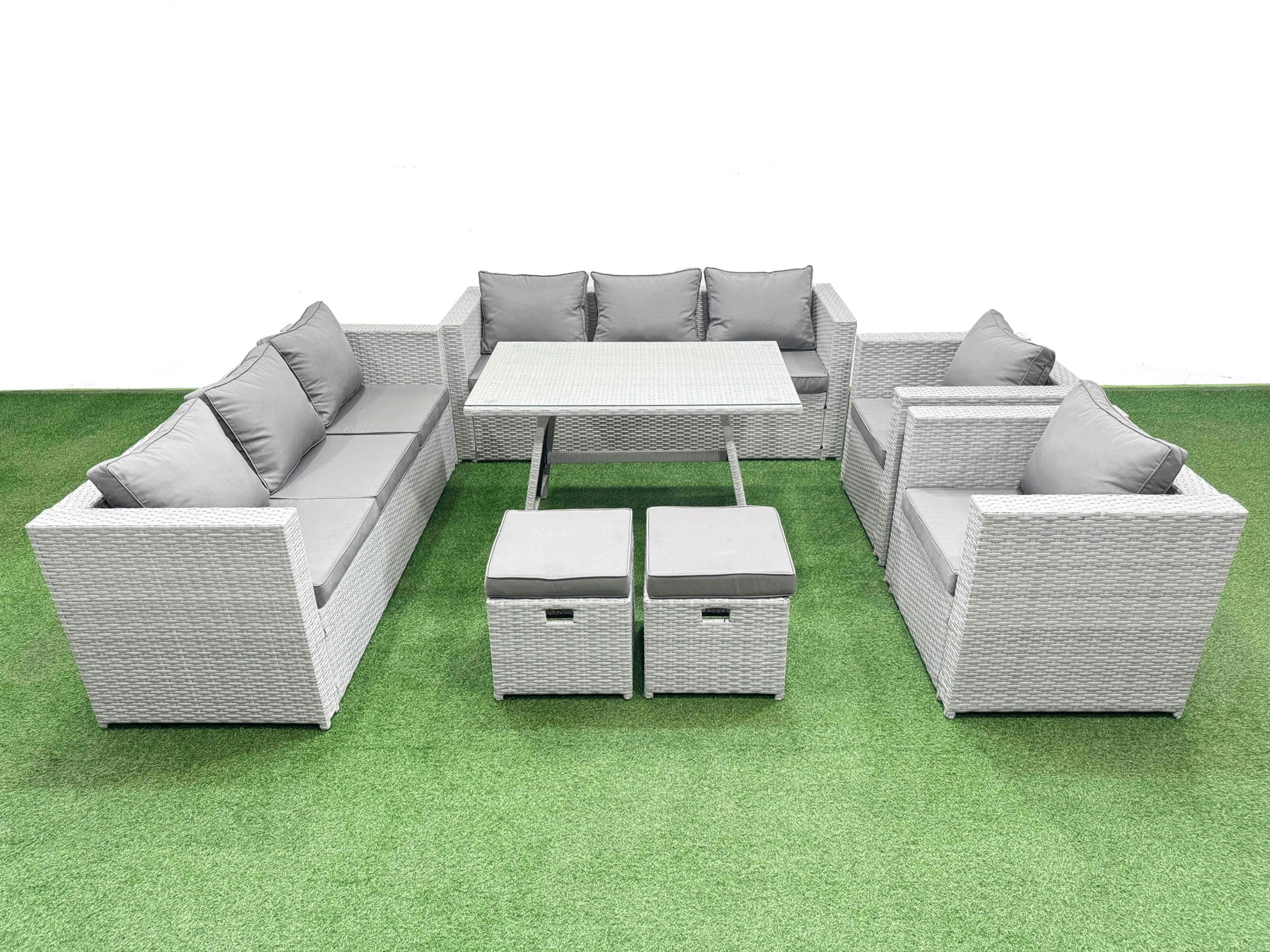 Fimous Light/Grey 10 Seater Garden Furniture Set Pe Rattan Garden Sofa Set With Rectangular Dining Table 2 Small Stools