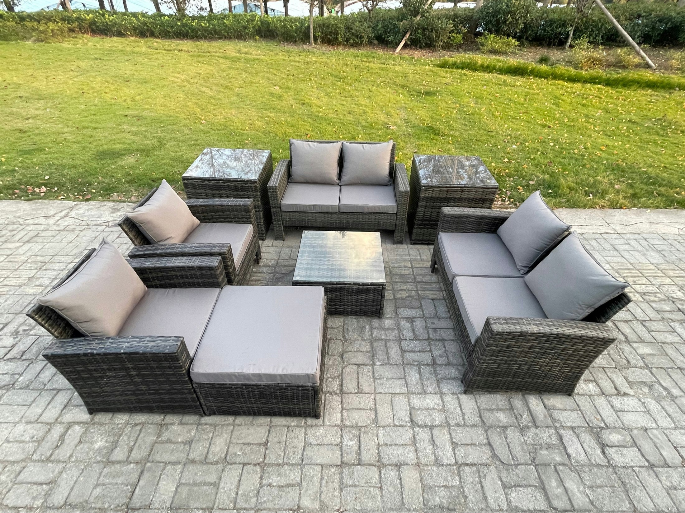 Fimous Dark/Grey Rattan Garden Furniture Set Patio Outdoor Lounge Sofa Set With Square Coffee Table Double Seat Sofa 2 Side Tables Big Footstool Mixed