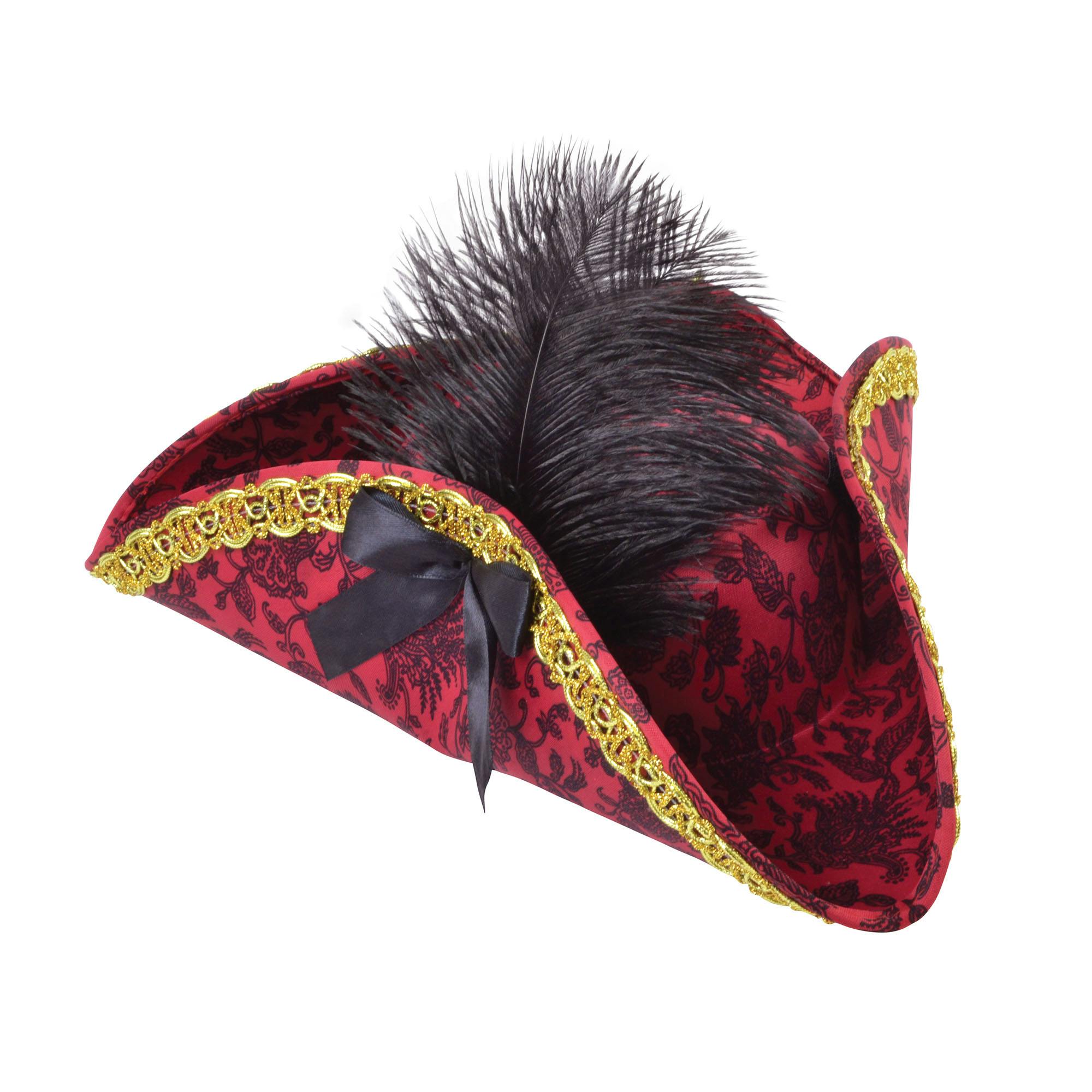Bristol Novelty Women's Red/Black/Gold Feathe Tricorn Pirate Hat - One Size