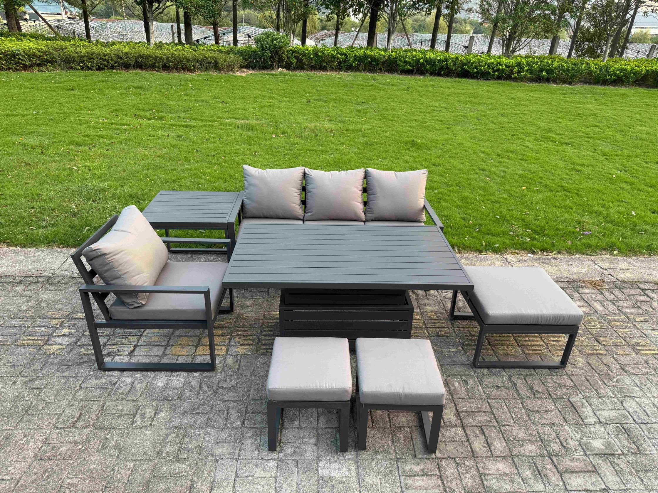 Fimous Dark/Grey 7 Seater Aluminium Outdoor Dining Set With Adjustable Rising Dining Table Chairs, 3 Footstools, Side Table