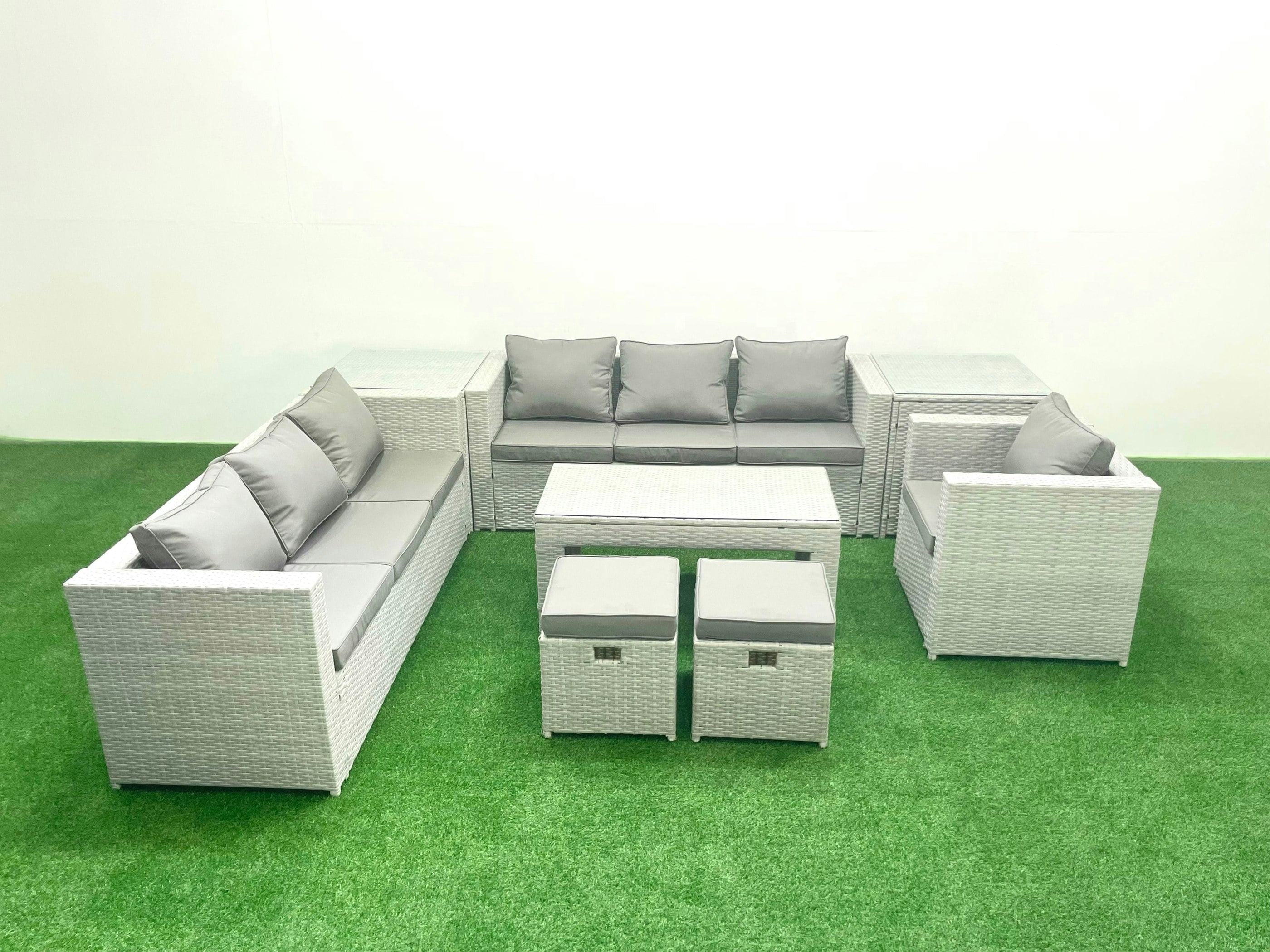 Fimous Light/Grey Wicker Pe Rattan Sofa Garden Furniture Set With Oblong Coffee Table Armchair 2 Small Footstools 2 Side Tables Mixed