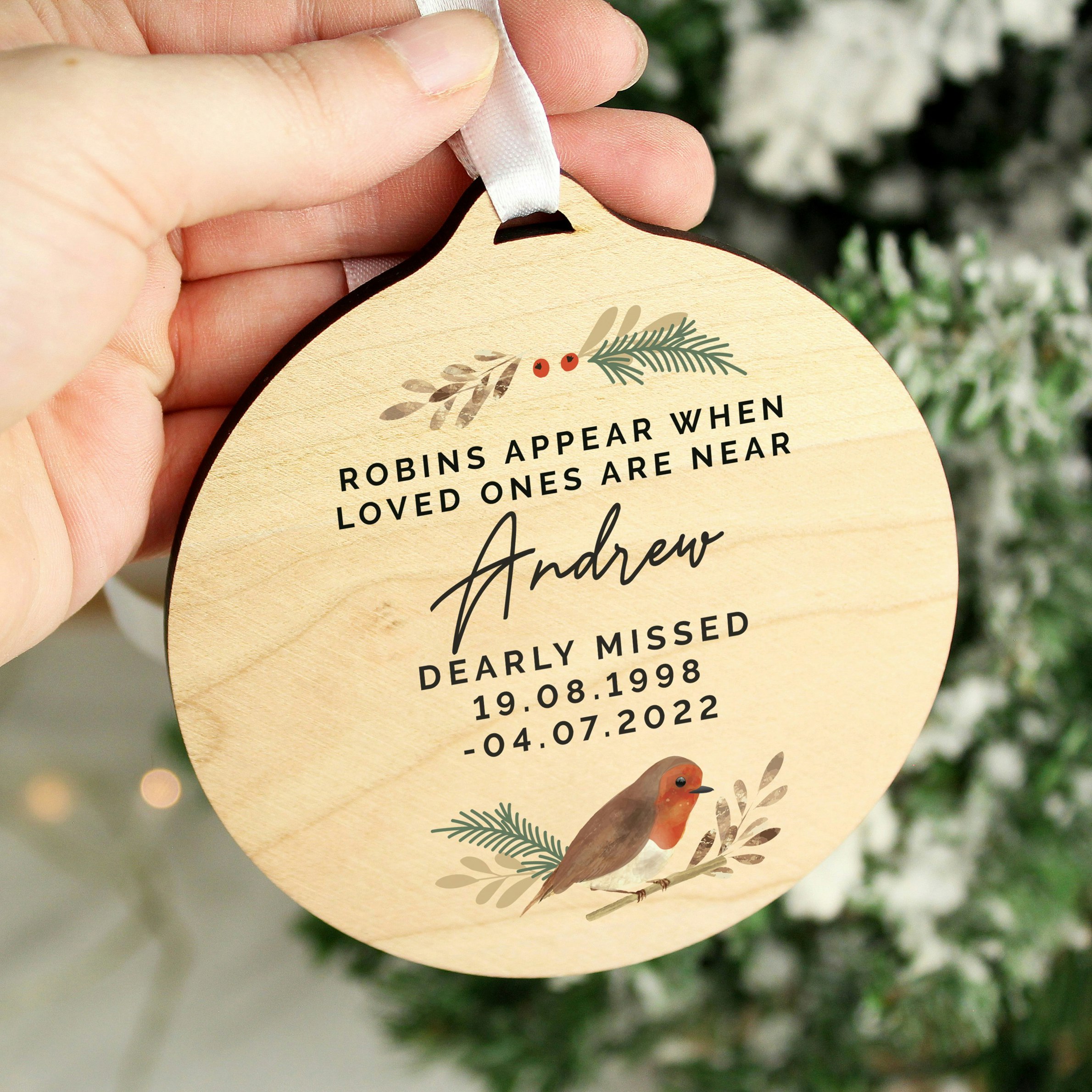 Rackhams Personalised Robin Memorial Round Wooden Decoration