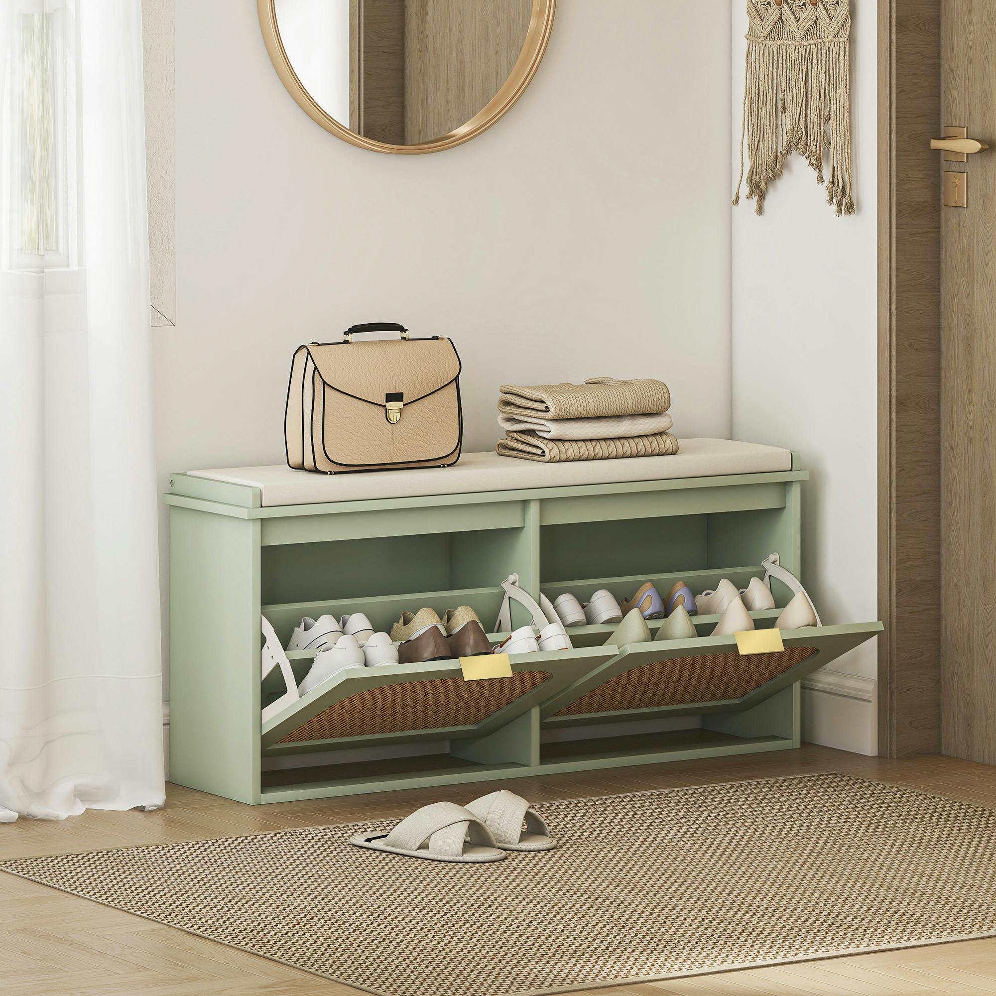 Homcom Light/Green Boho Shoe Bench With Padded Seat And 2 Flip-Drawers,