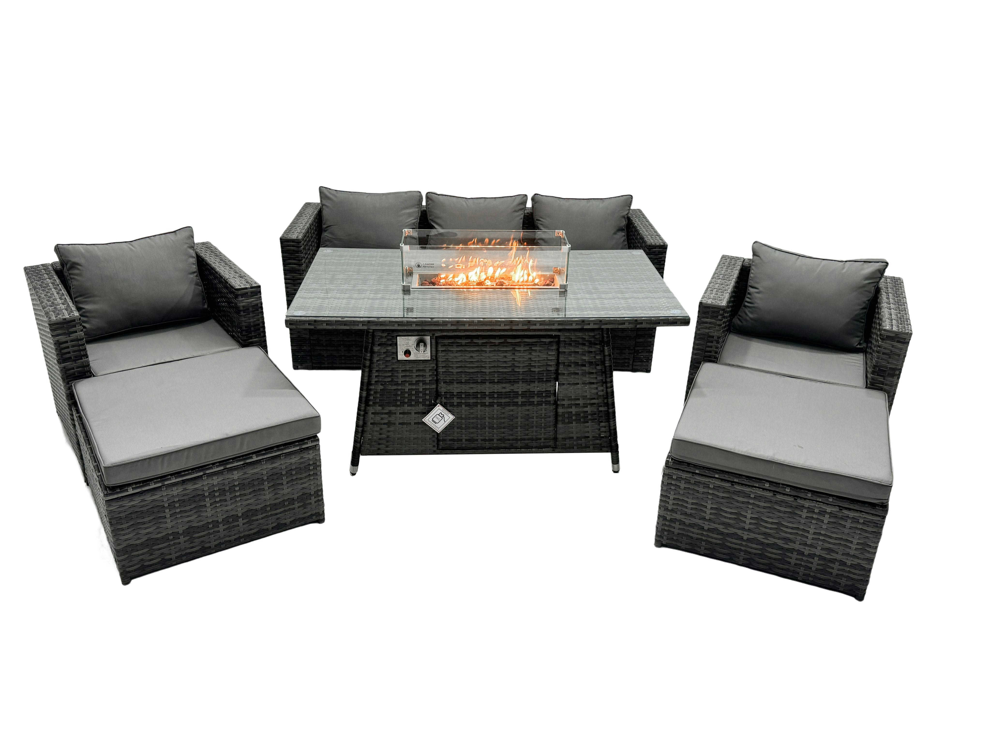 Fimous Dark/Grey Rattan Garden Furniture Fire Pit Dining Set 7 Seater Lounge Sofa Table Set With 2 Big Footstool