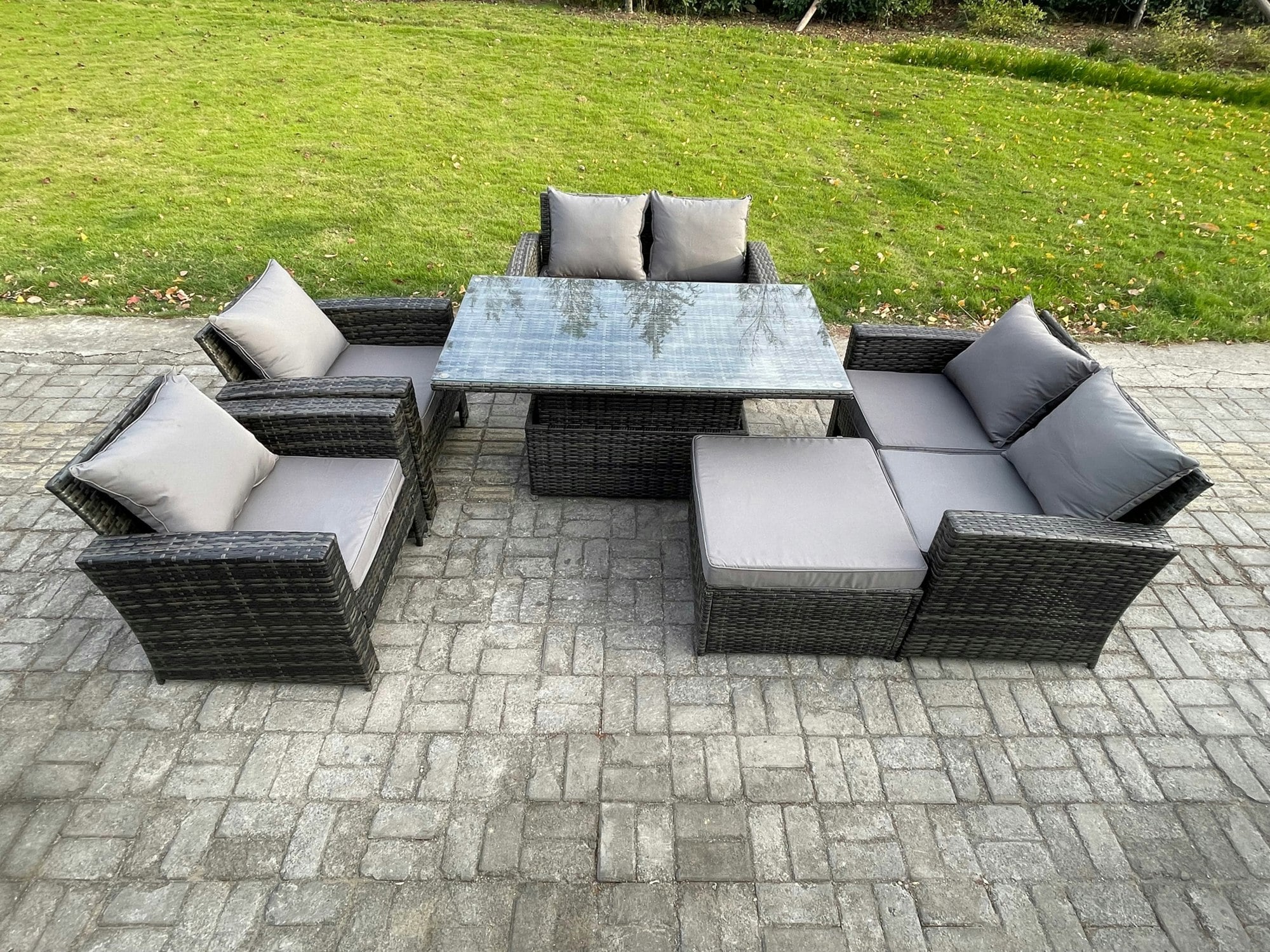 Fimous Dark/Grey Rattan Garden Furniture Sets 7 Seater Patio Outdoor Rising Lifting Table Sofa Set With Double Seat Sofa Big Footstool Mixed