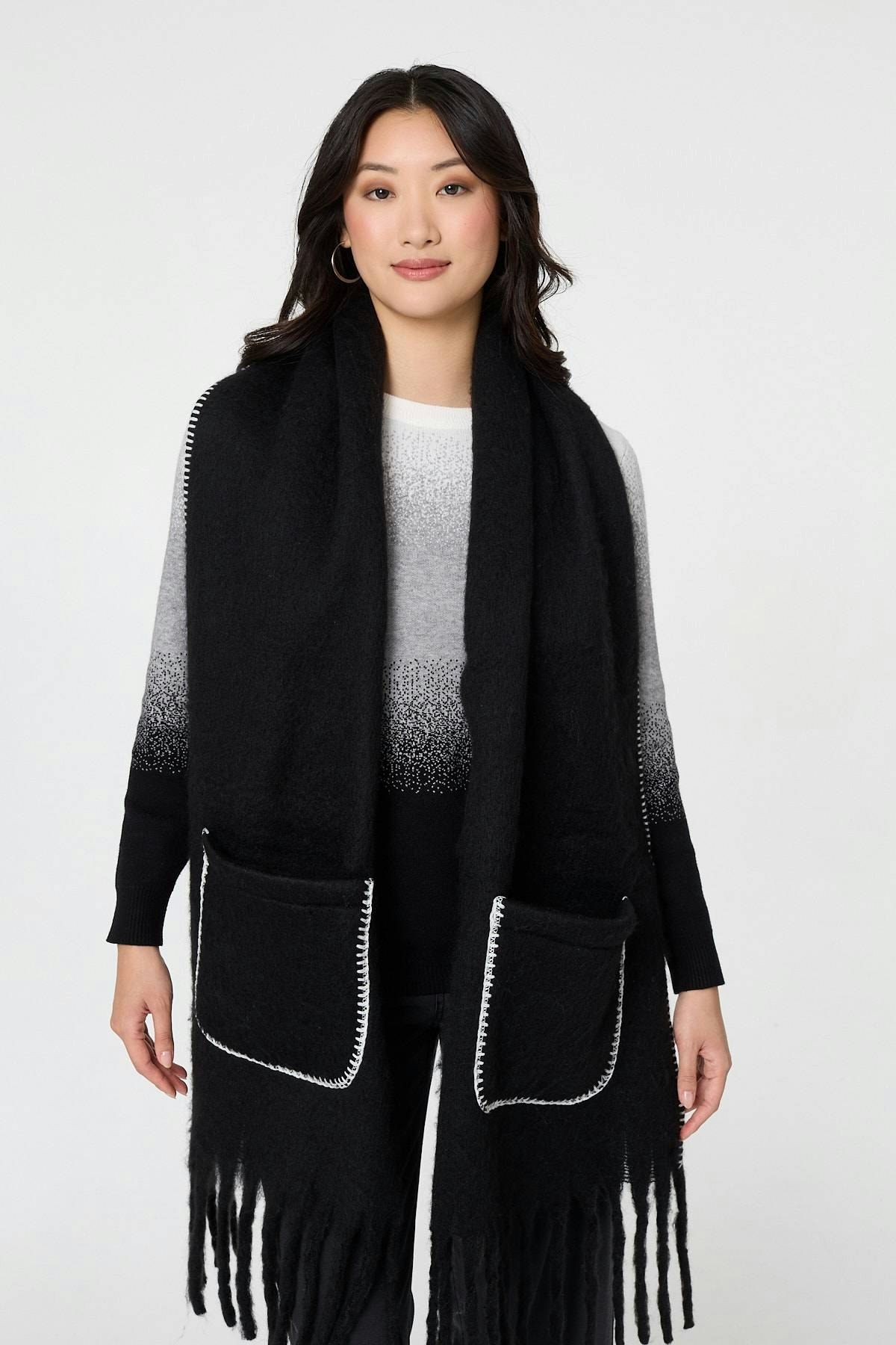 Izabel London Black Fringed Contrast Stitch Oversized Scarf - One
