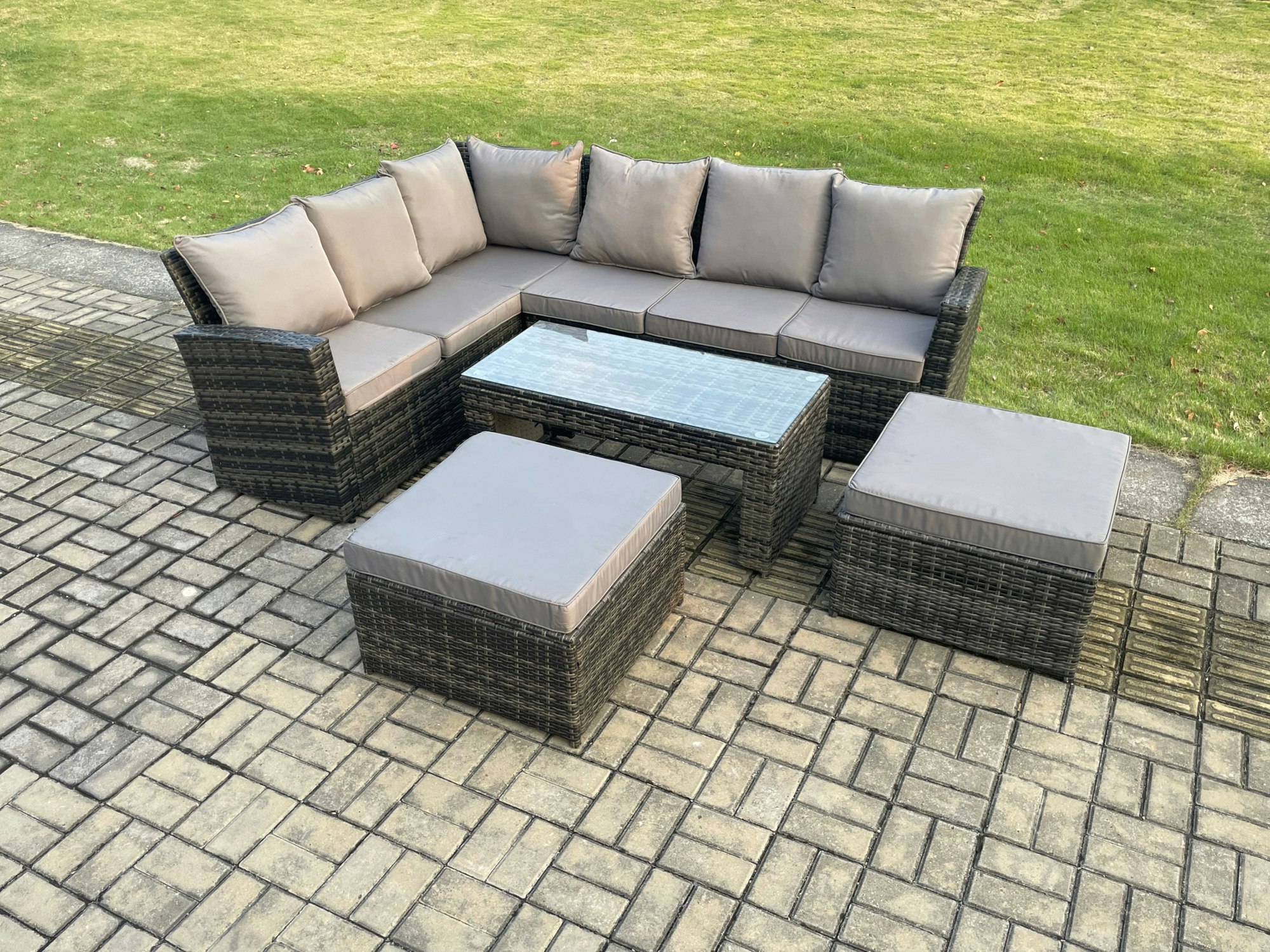 Rackhams Dark/Grey Outdoor Furniture Garden Dining Set Rattan Corner Sofa Set With 2 Big Footstool Mixed