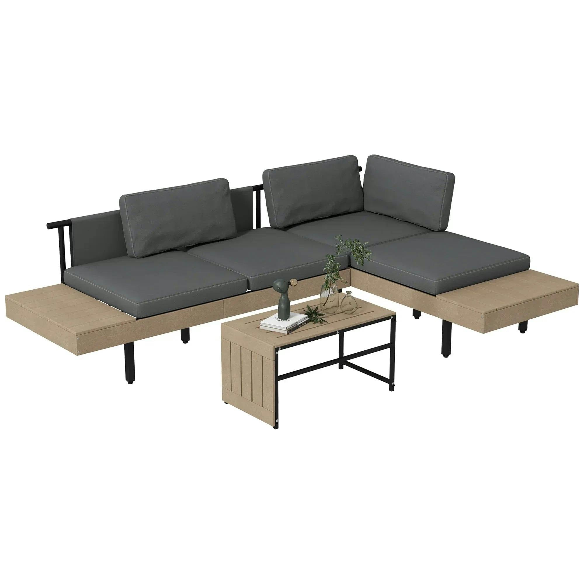 Outsunny Unisex Grey 3-Piece L Shape Garden Sofa Set With Hdpe Table, Cushions In - Image 5
