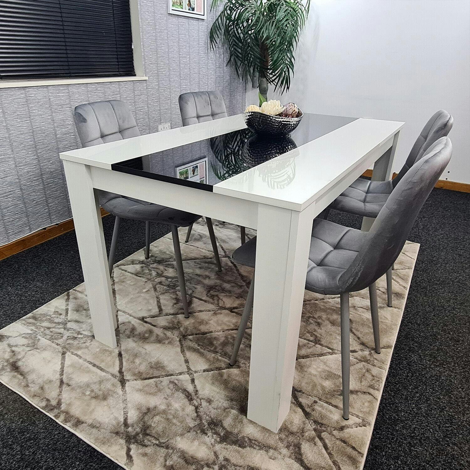 B&Q - Modern White And Black Dining Table Set With 4 Grey Velvet Chairs Dining Room Furniture - Image 2