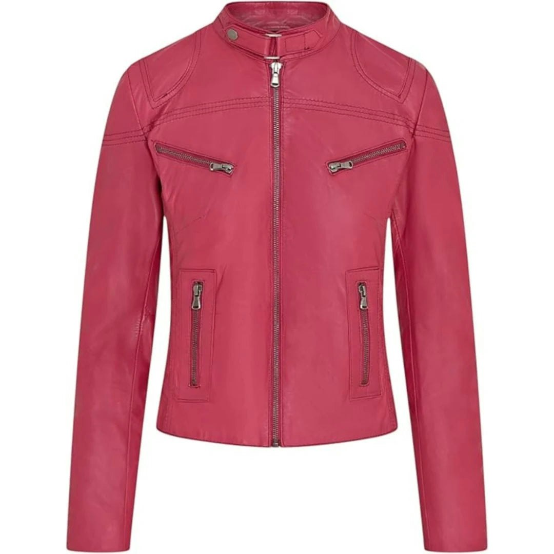 Infinity Leather Women's Fuchsia Leather Company Real Leather Classic Racer Style Biker Jacket - Uk 22