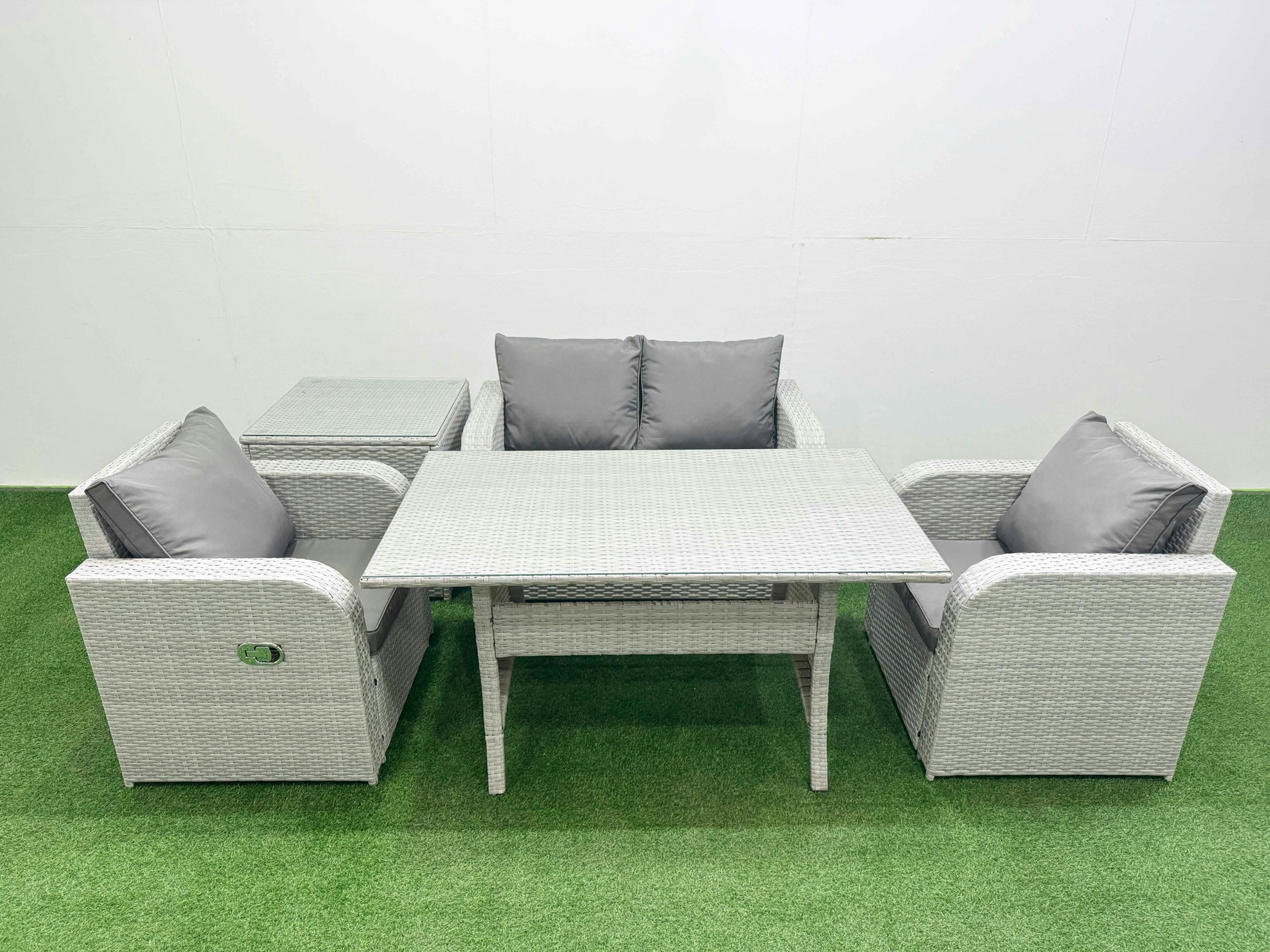 Rackhams Light/Grey Pe Wicker Rattan Garden Furniture Set Sofa Set Reclining Chair Rectangular Dining Table 4 Seater With Side Table