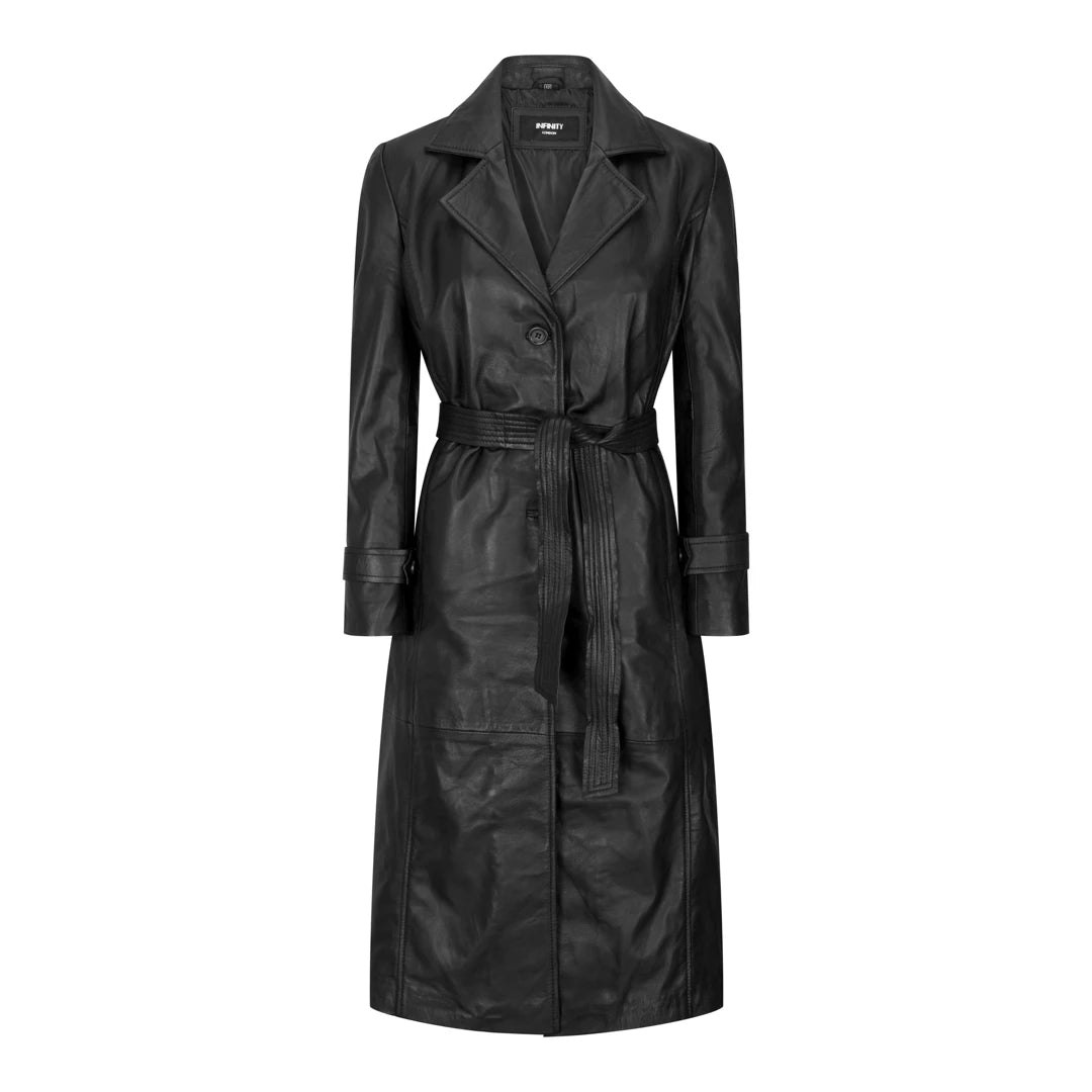 Infinity Leather Women's Black Leather Company Real Leather Trench Coat Mac Classic 3/4 Long 1980S Vintage Retro - Medium