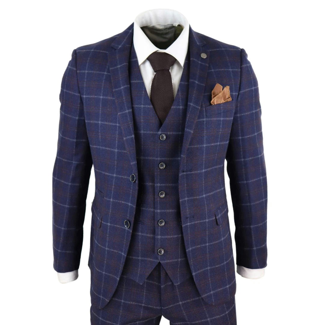 Paul Andrew Men's Blue Kenneth - 3 Piece Suit Herringbone Tweed Check 1920S Wedding Prom - 42" Jacket 36" Trousers