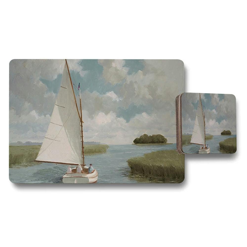 Benjamin Tate Design Sailboat Landscape Placemat And Coaster Set For Dining Table