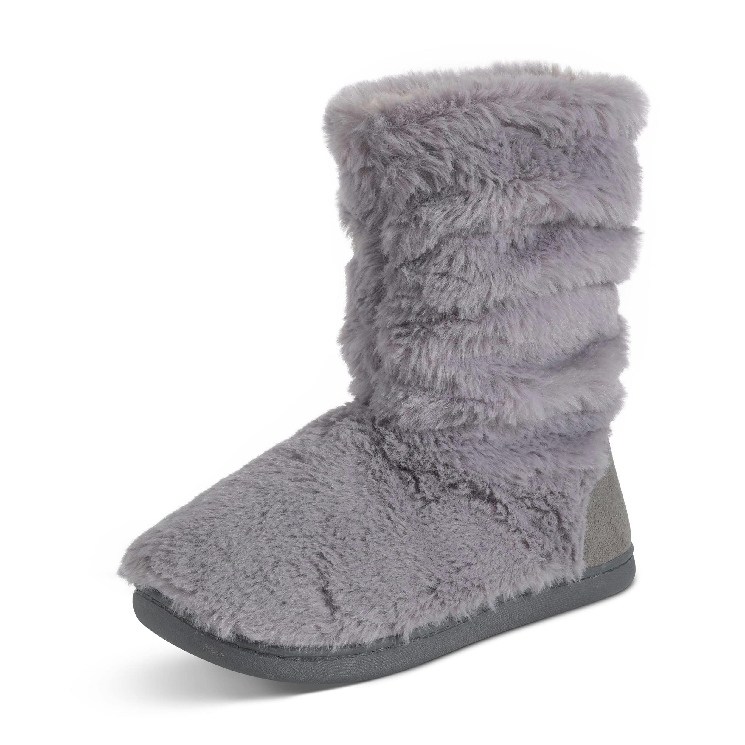 Viva Women's Grey Polar Fluffy Slipper Boots Memory Foam Anti-Slip Rubber Sole - 4 - Fur
