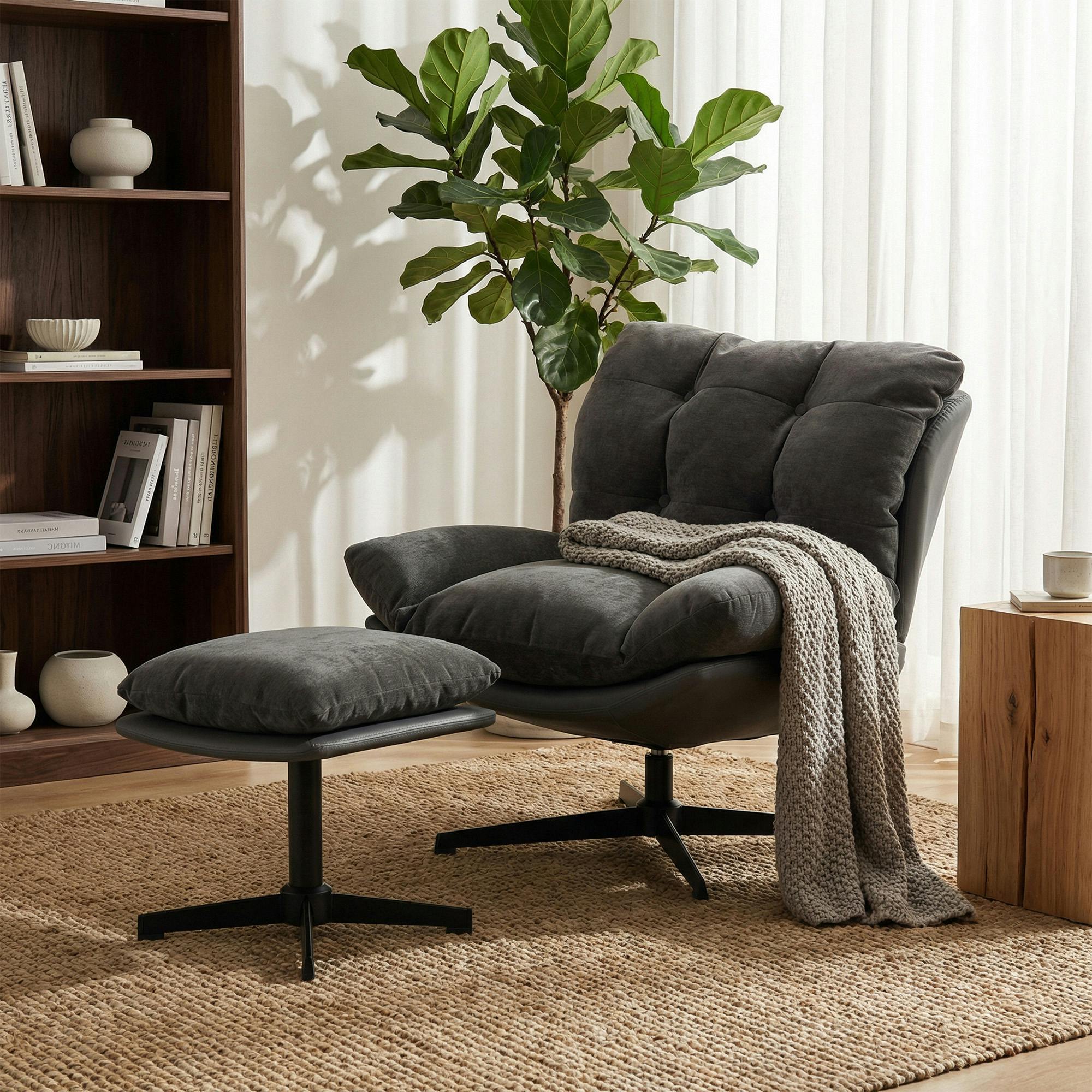 Homcom Dark/Grey Accent Chair With Footstool, Modern Swivel Lounge Chair, - Contemporary - 2 - Chenille (Polyester), Pu Leather, Metal, Foam, Multilayer Board