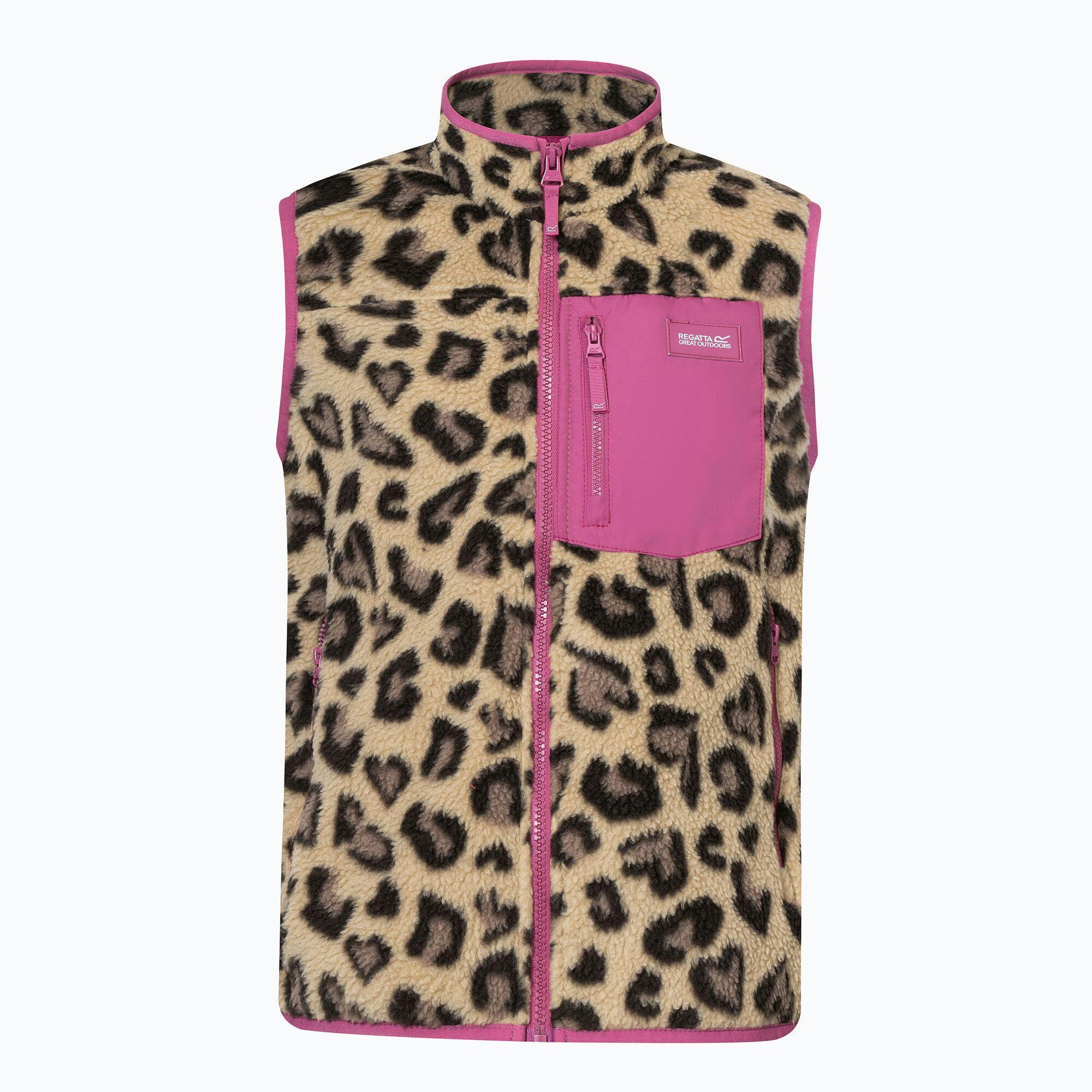 Regatta Kids Frankie Leopard Print Fleece Body Warmer - Mocha/Violet - 11-12 Years - Mocha/Violet - 70% Polyester/30% Recycled Polyester