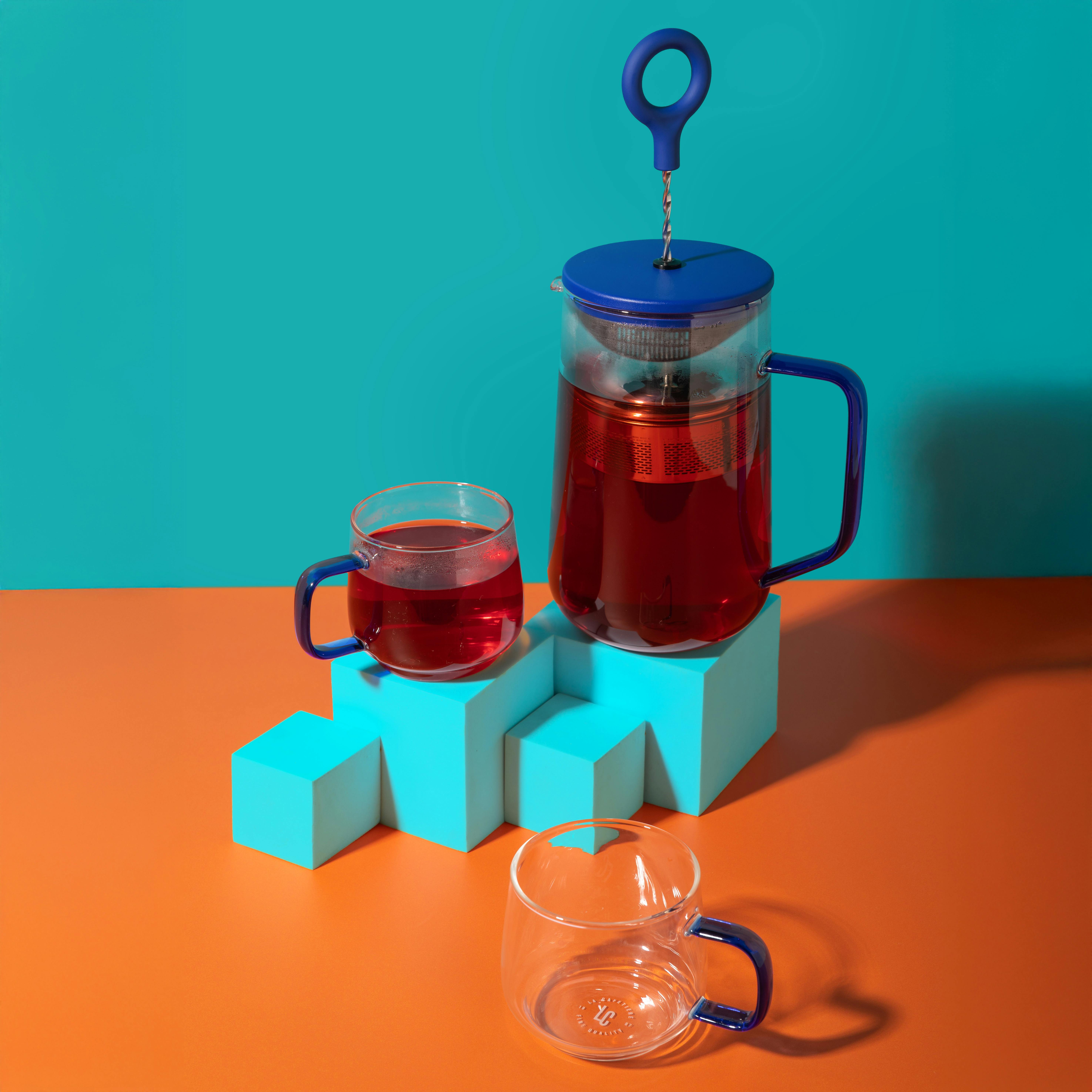 Rackhams Blue 'Gyro' Spinning Tea Infuser And Mug Set, 4 Cup 1.25L Glass Teapot And 2Pc Double Walled 300Ml Glass Mugs - Borosilicate Glass - Teapots