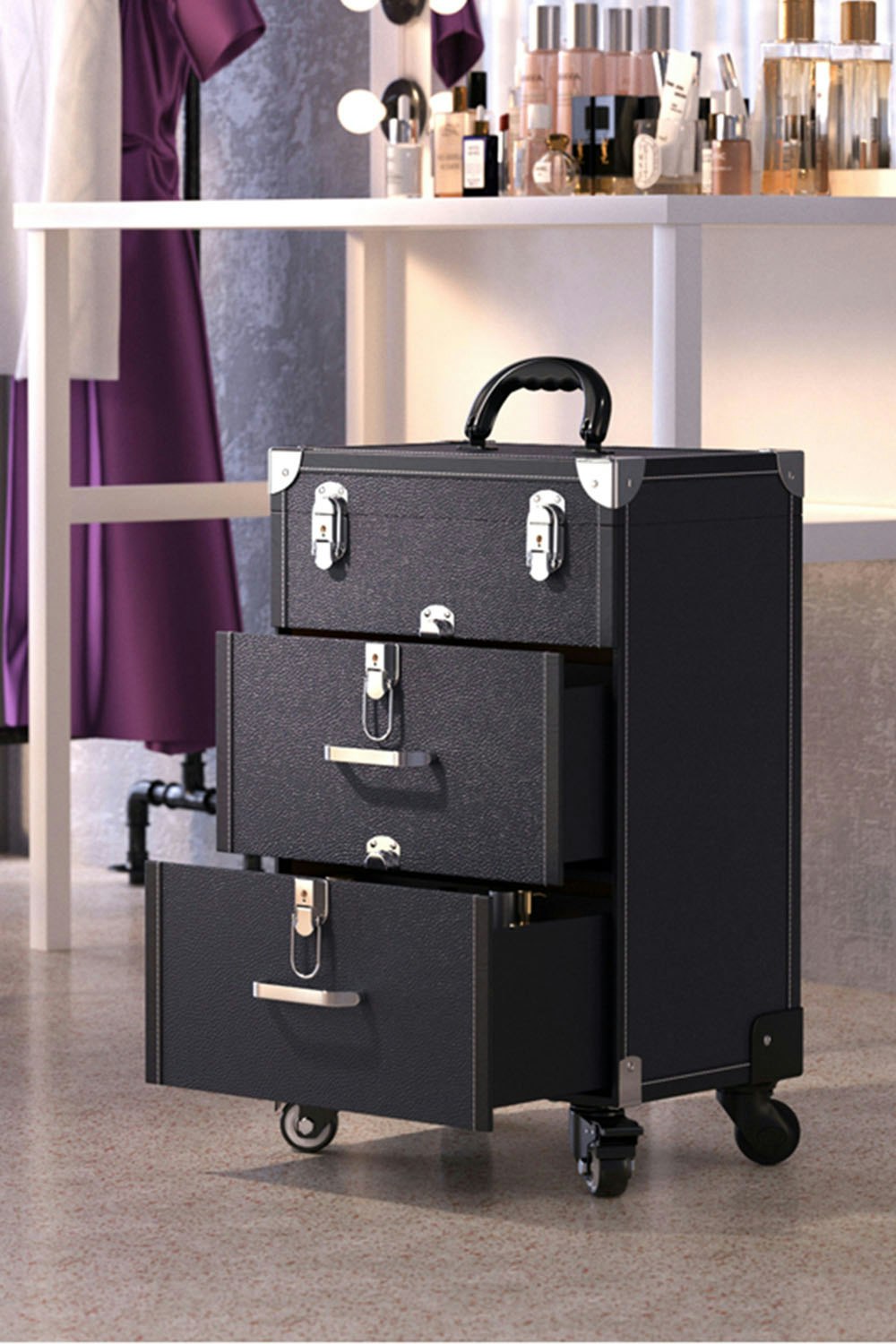 Living And Home Black Professional 3-In-1 Rolling Cosmetic Cases Makeup Trolley Nail Luggage Storage Organizer