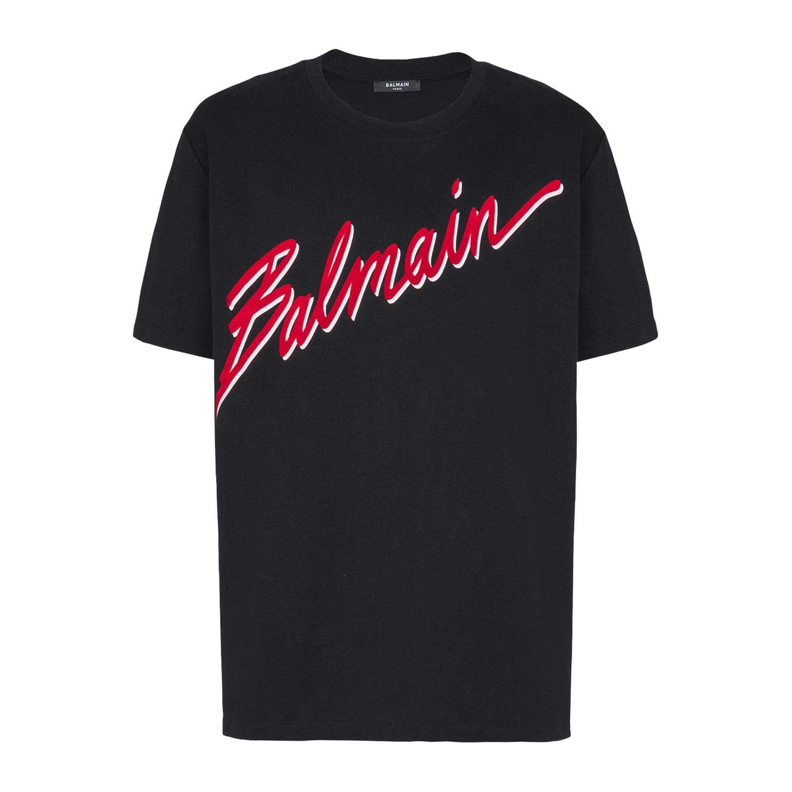 Balmain Red/Black Flocked Letter Logo T-Shirt In - S
