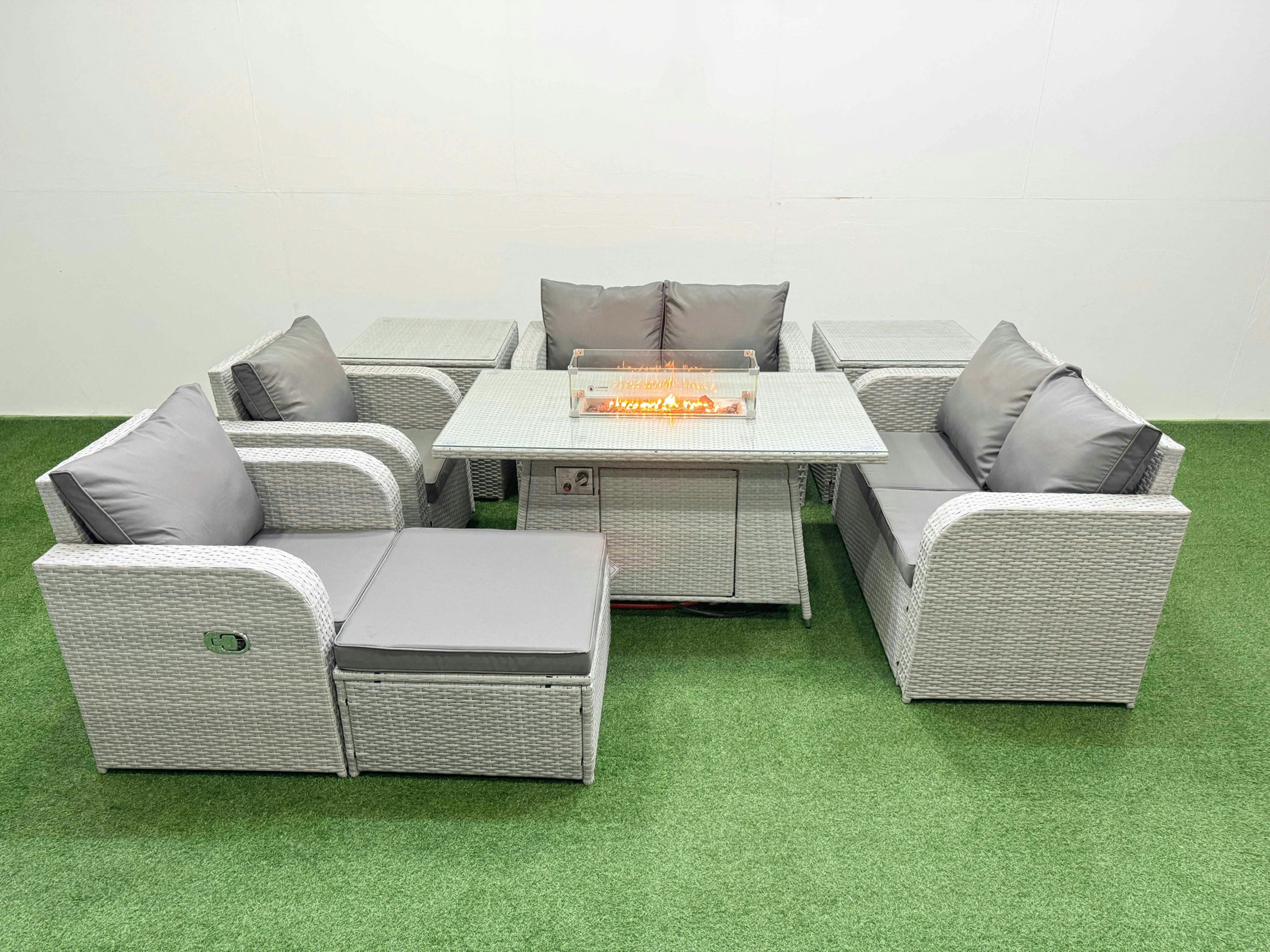 Fimous Light/Grey 7 Seater Outdoor Reclining Chair Love Sofa Set Rattan Garden Furniture Set With Fire Pit Dining Table Footstool 2 Side Tables
