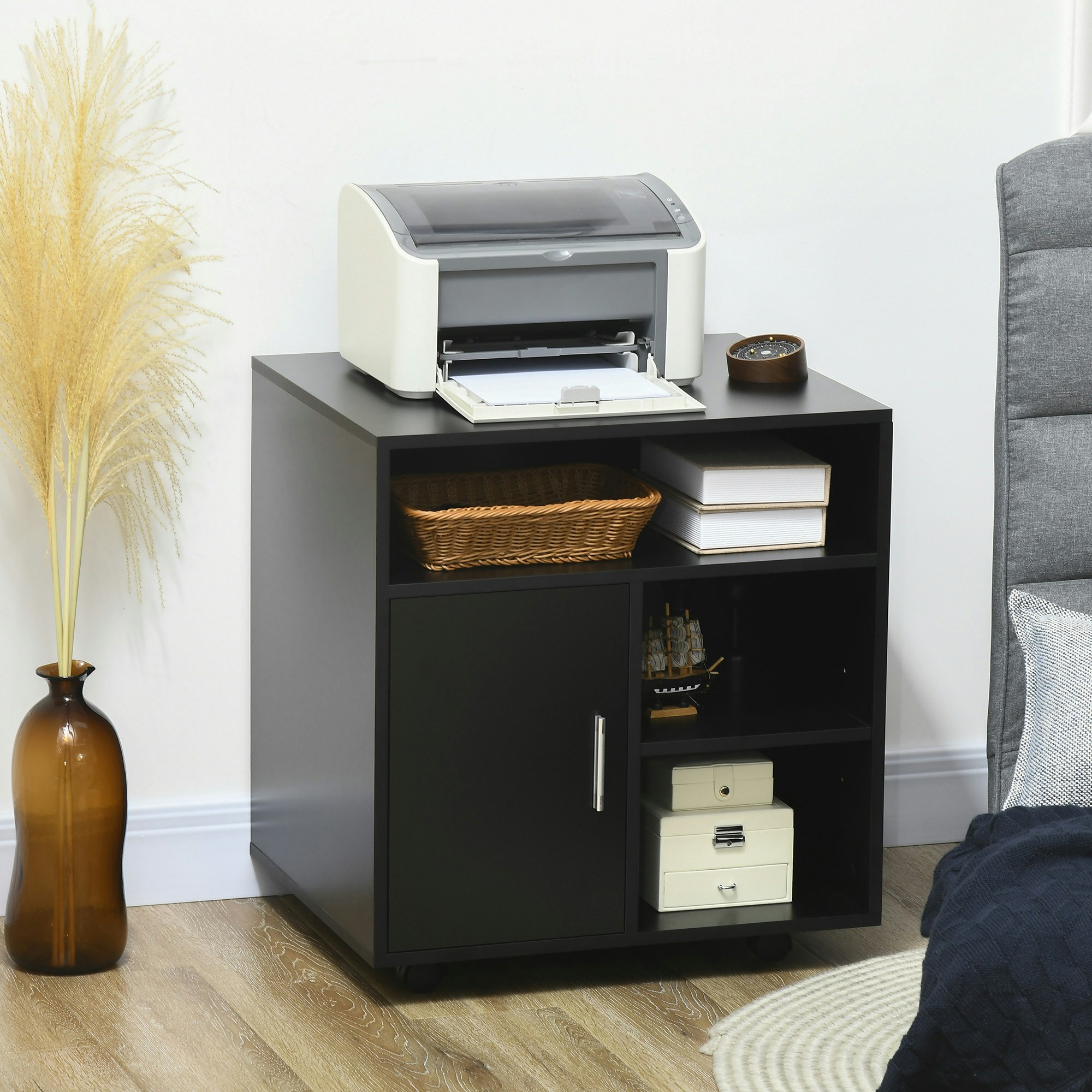 Homcom Black Multi-Storage Printer Unit Office Organisation W/ 5 Compartments