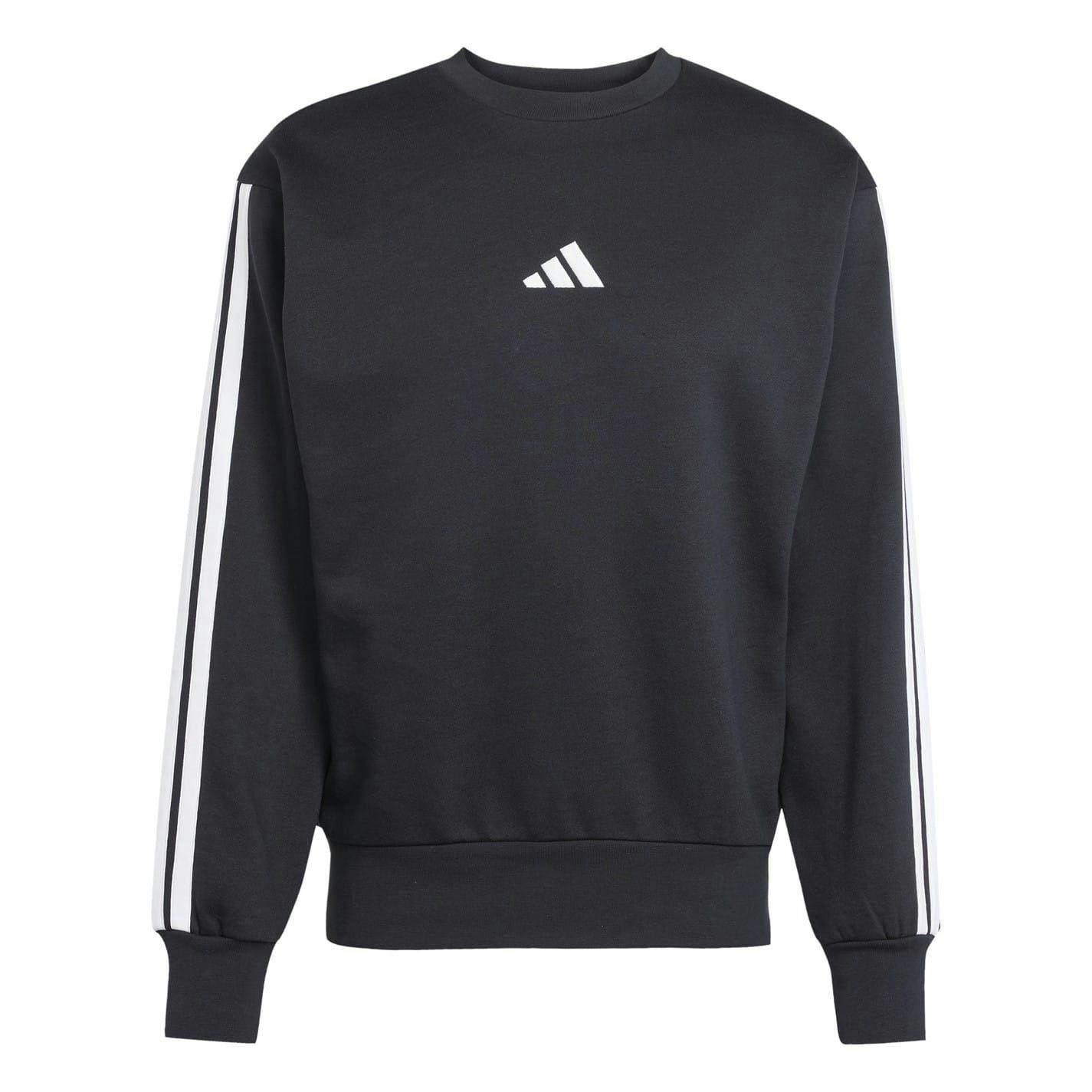 Adidas Men's Black/White Essentials 3 Stripes Fleece Sweatshirt - Xxl - 55% Cotton/36% Polyester/9% Viscose