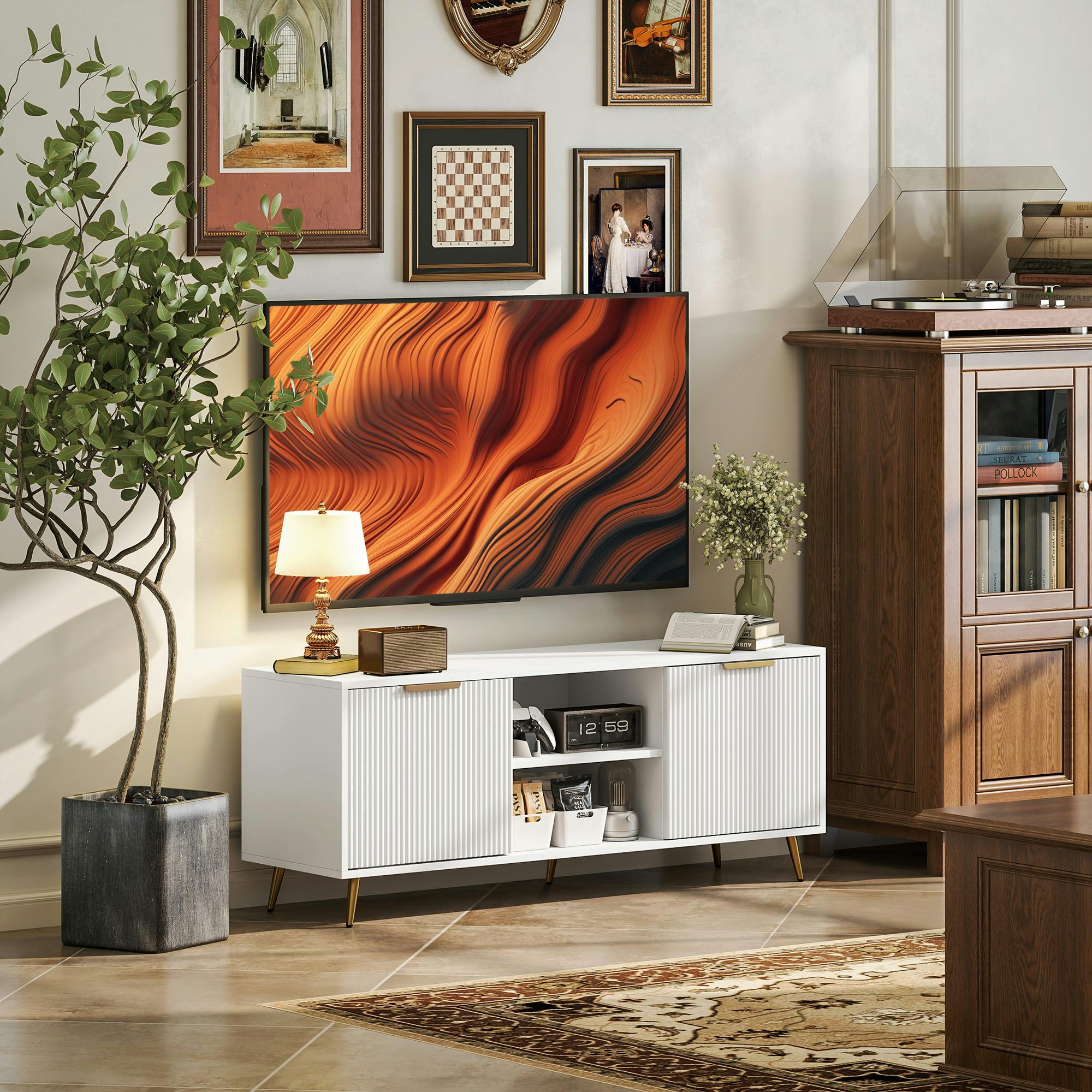 Homcom White Modern Tv Stand Cabinet With Storage For Living Room,