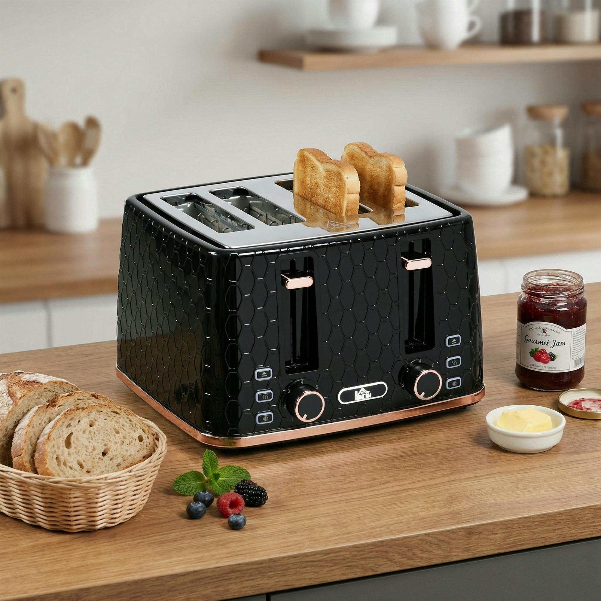 Homcom Black Toaster With 4 Slot, 7 Browning Levels, 1600W Honeycomb
