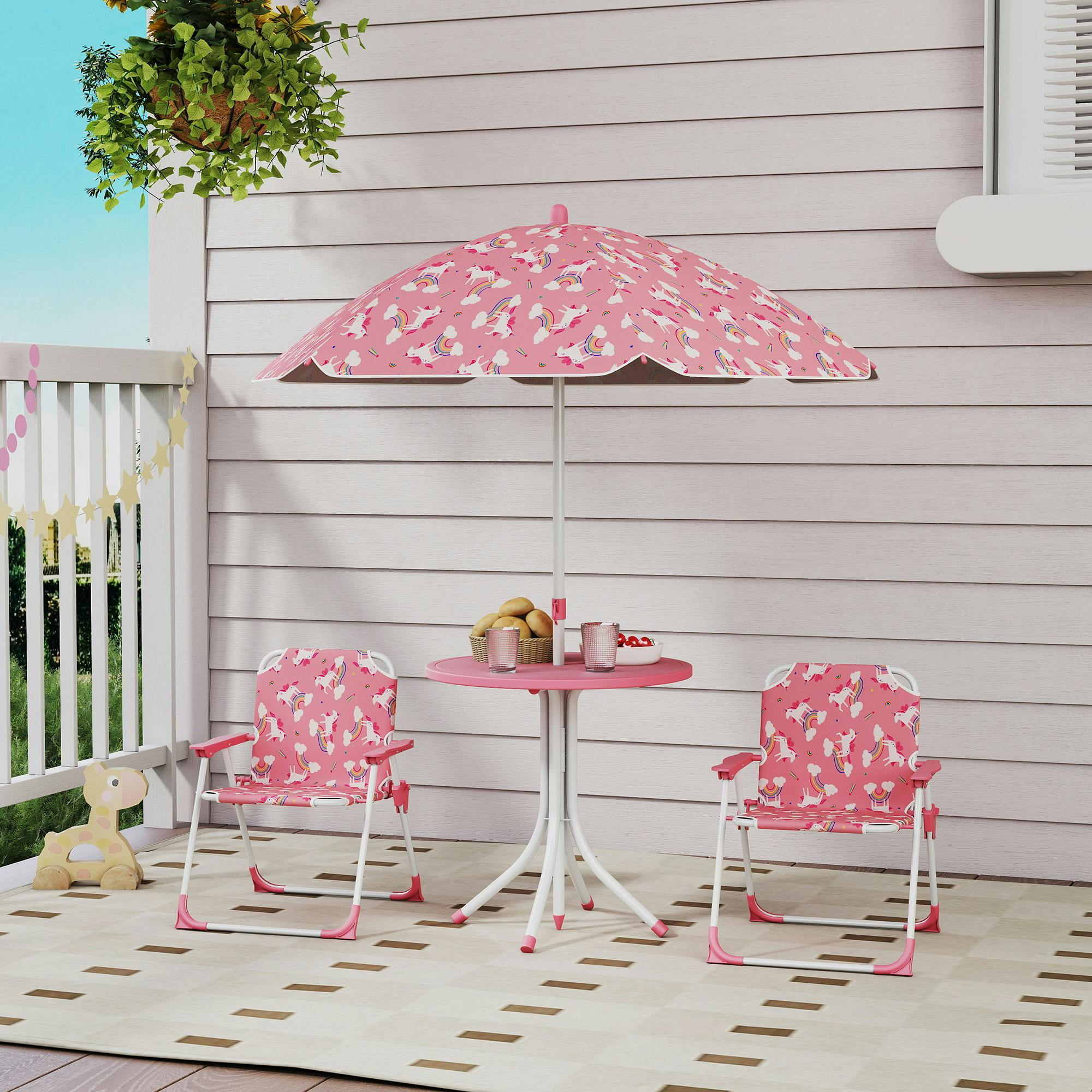 Rackhams Pink Kids Garden Furniture With 2 Folding Chairs And Umbrella,
