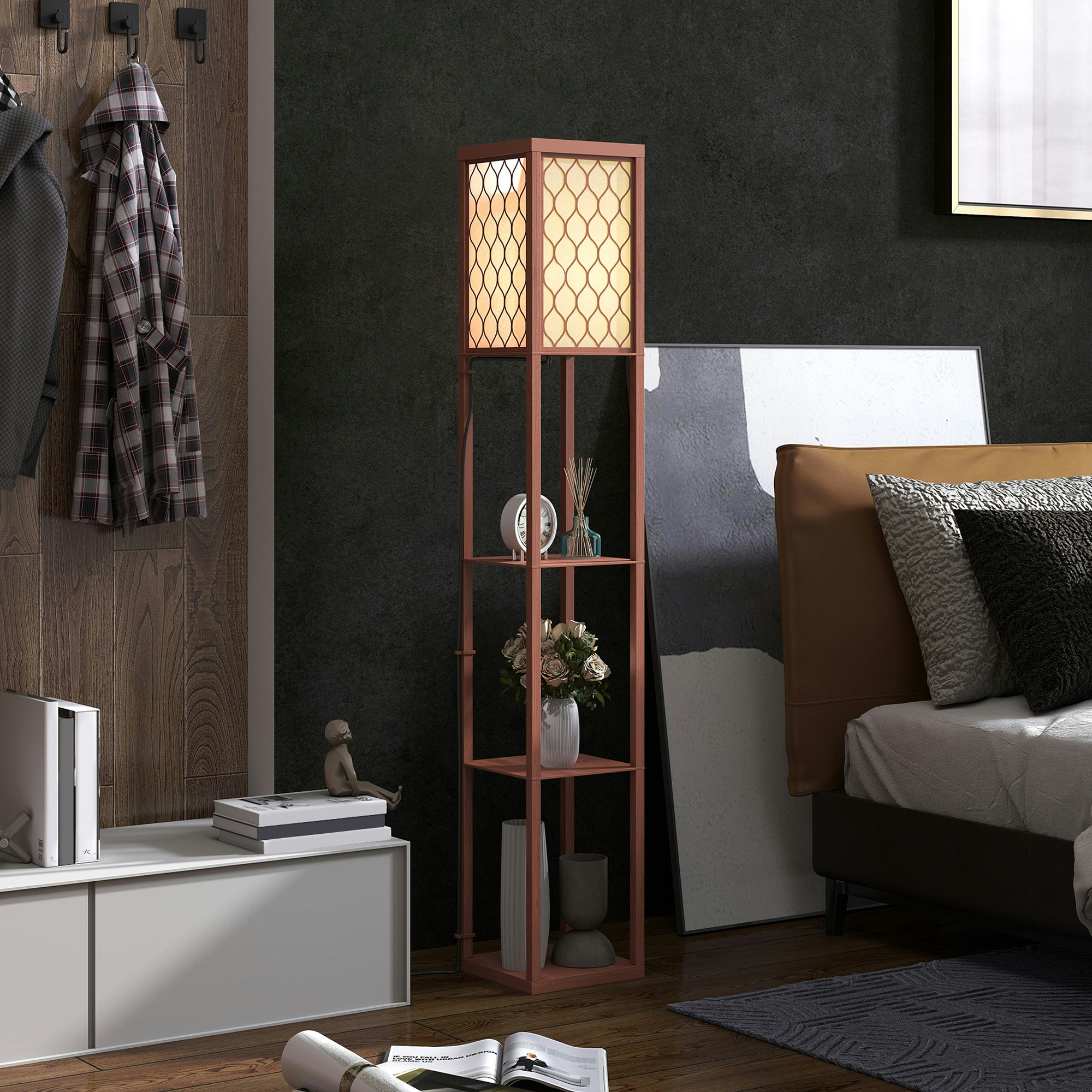 Rackhams Light/Brown Modern Floor Lamp With 3 Shelves Fabric Lampshade Oak