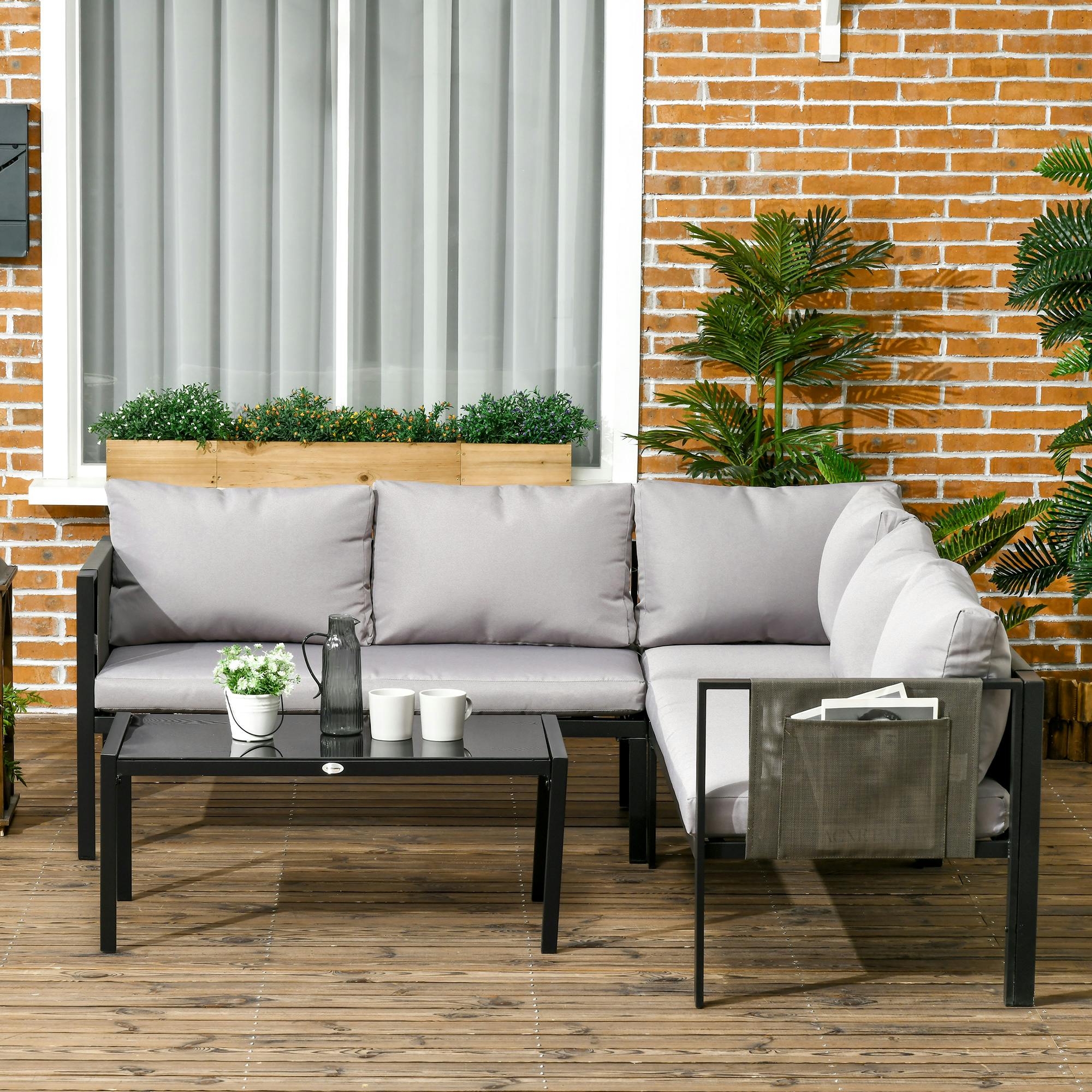 Outsunny Light/Grey 4 Piece Garden Furniture Set W/ Breathable Mesh Pocket, Khaki