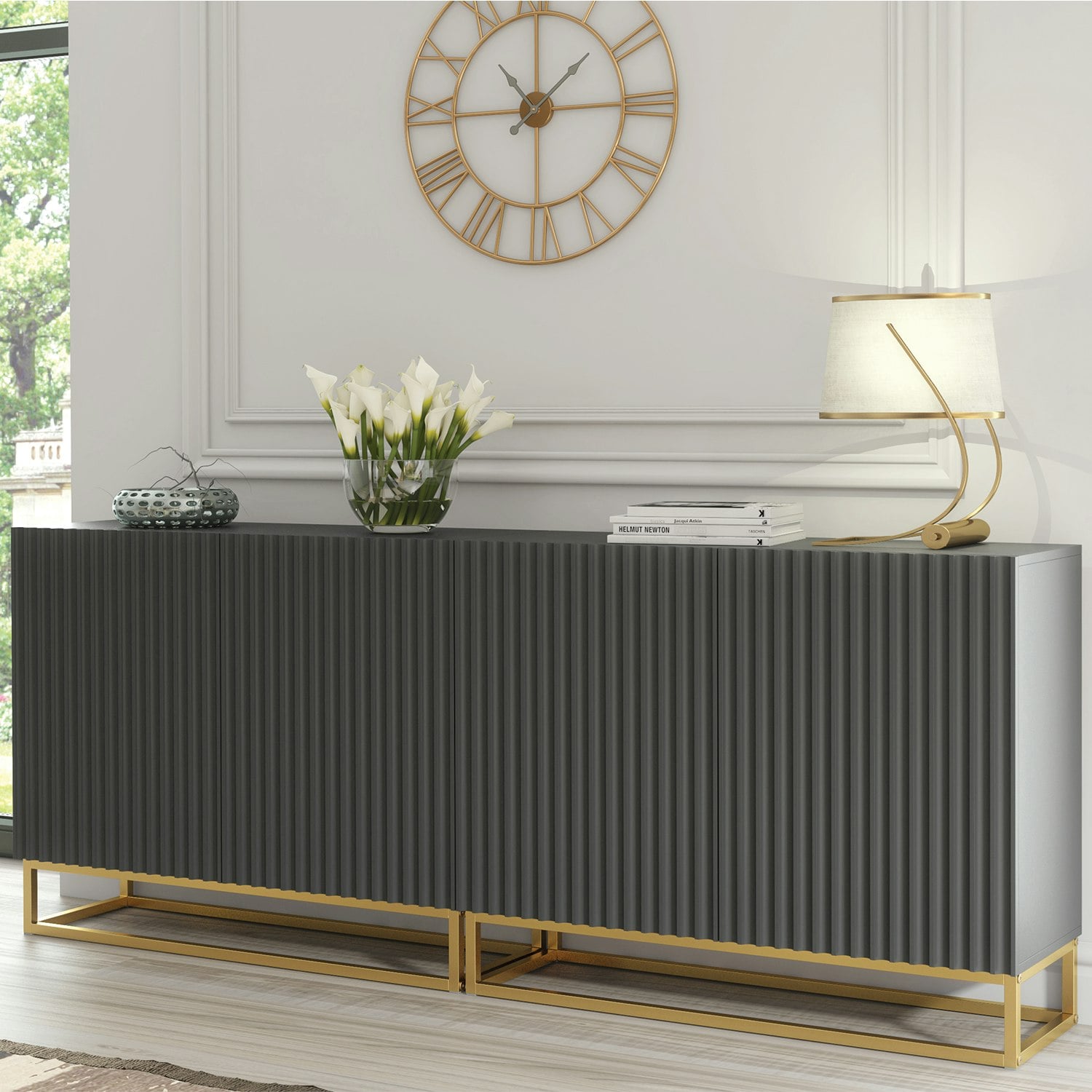 Rackhams Grey/Gold Sophisticated Sideboard With Fluted Fronts & Legs – 200Cm Storage Unit - 200 - Mdf/Chipboard