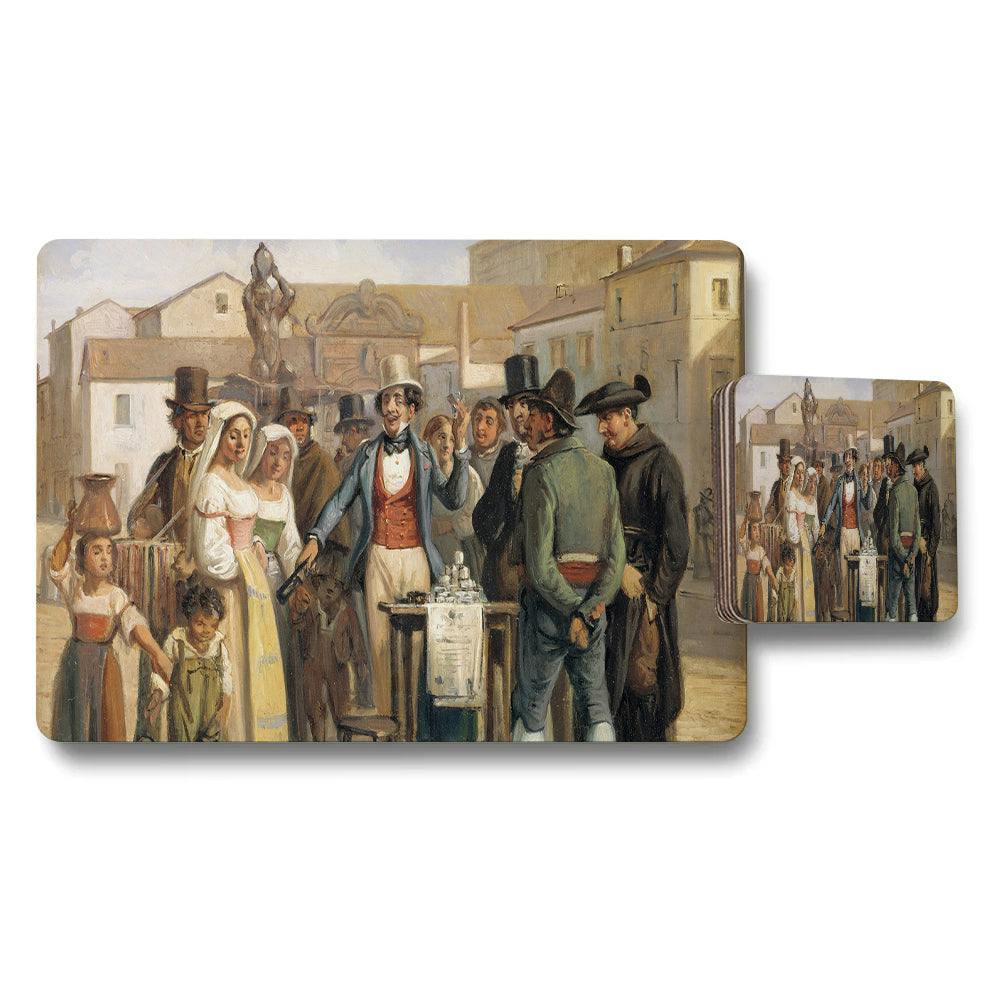 Benjamin Tate Design Vintage Market Scene Placemat And Coaster Set With Artwork