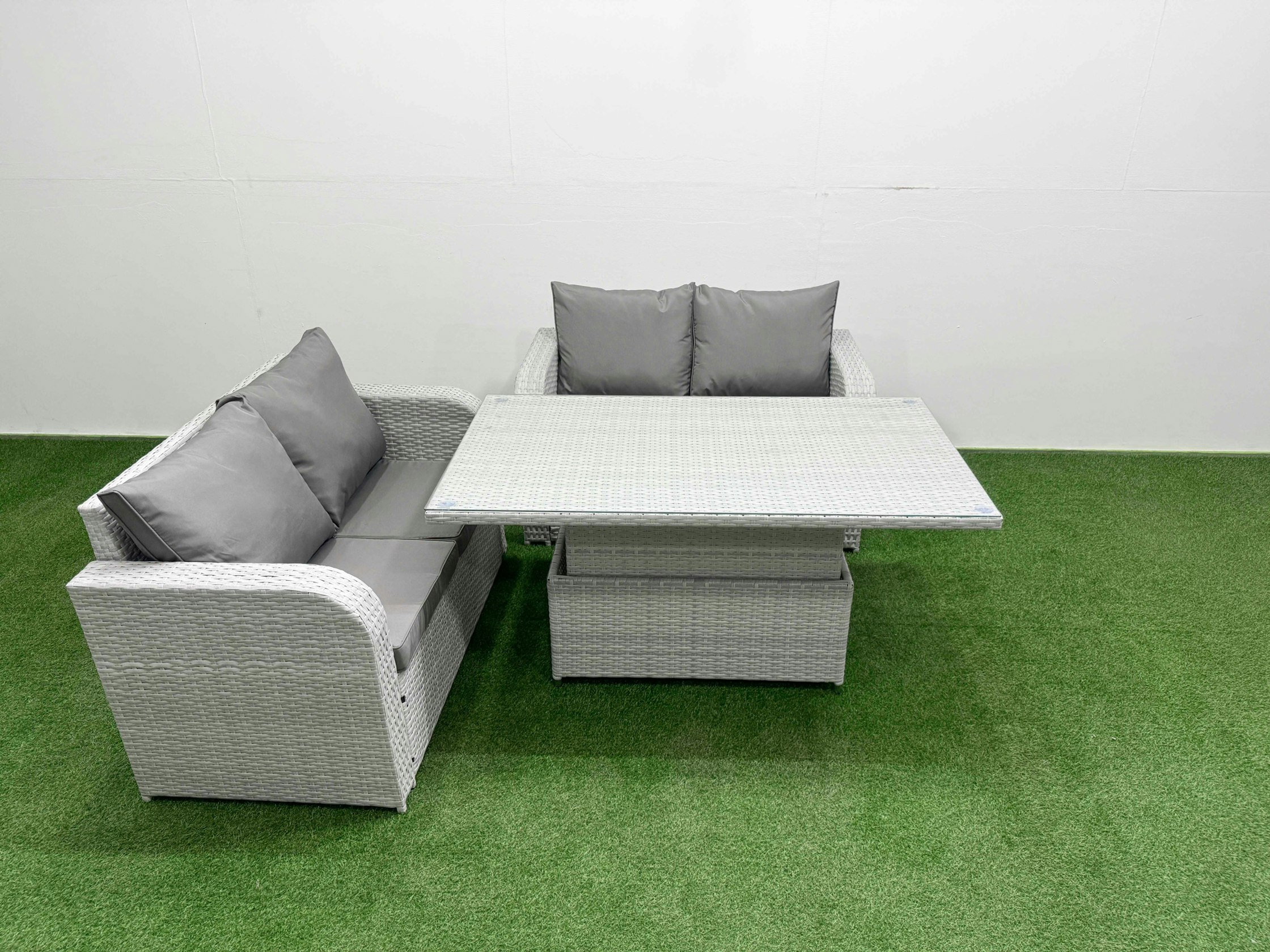 Fimous Light/Grey 4 Seater Outdoor Love Sofa Set Rattan Garden Furniture Set With Adjustable Lifting Dining Or Coffee Table