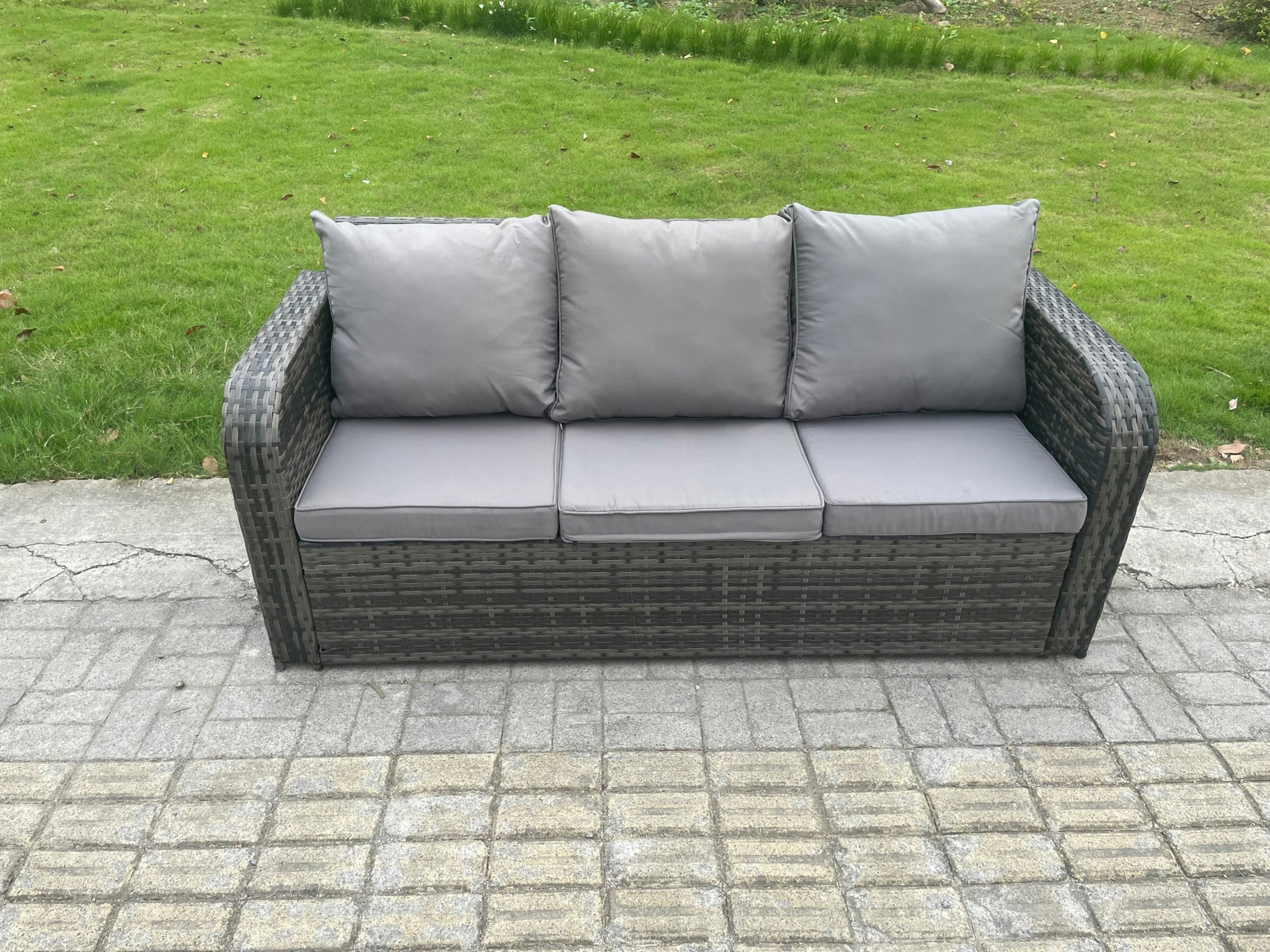 Fimous Dark/Grey 10 Seater Outdoor Rattan Garden Furniture Set Rattan Lounge Sofa Set With Rectangular Coffee Table 2 Side Tables 3 Footstools Mixed