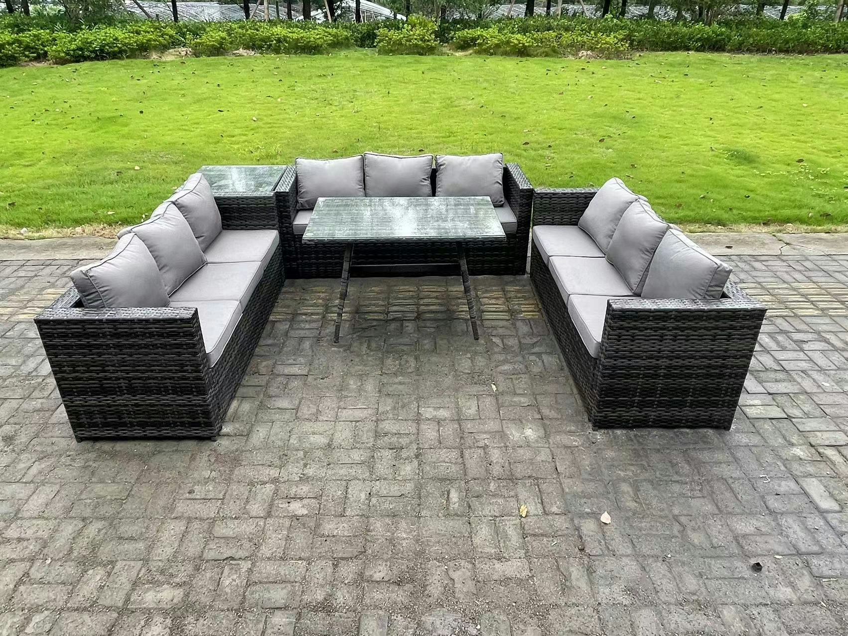 Fimous Dark/Grey Rattan Outdoor Garden Furniture Set Garden Dining Table Set With Patio Side Table 9 Seater Mixed