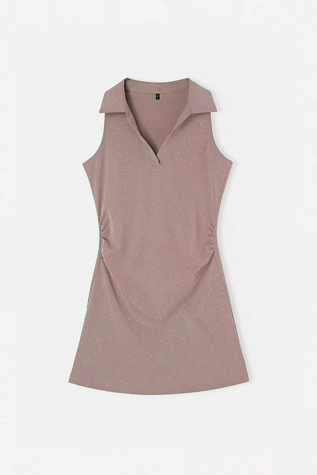 Wovcor Polo Collar Mini Knitted Dress With Accessory Details - Taupe - Xs