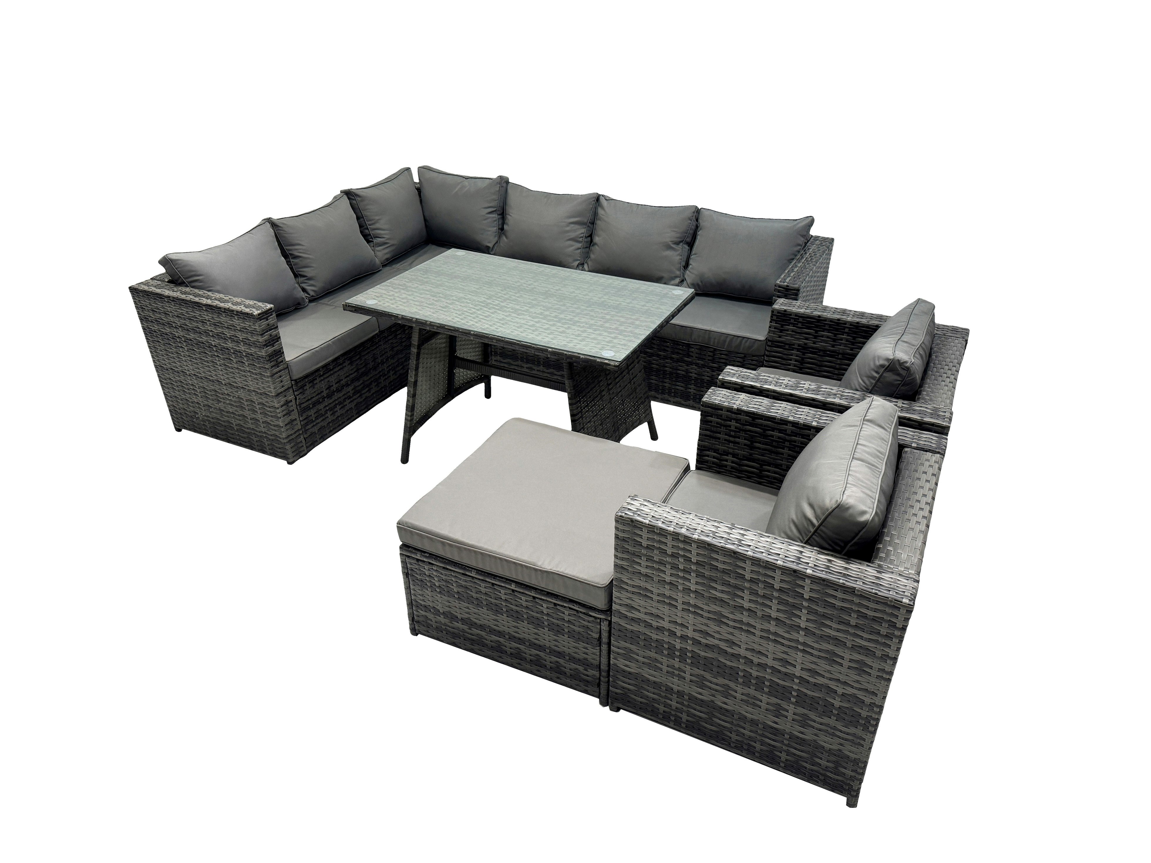 Fimous Dark/Grey 9 Seater Outdoor Pe Rattan Sofa Set With Dining Table Patio Garden Furniture Sets With 2 Chair Big Stool Mixed