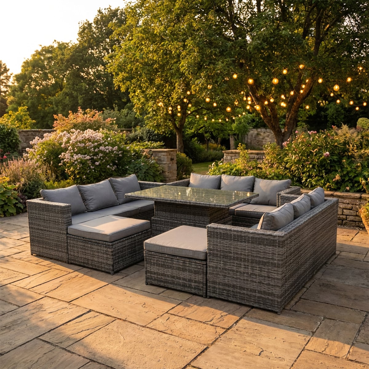 Rackhams Dark/Grey 11 Seater Rattan Garden Furniture Set With Rising Dining Table, 3 Sofas, 2 Stools - Mixed