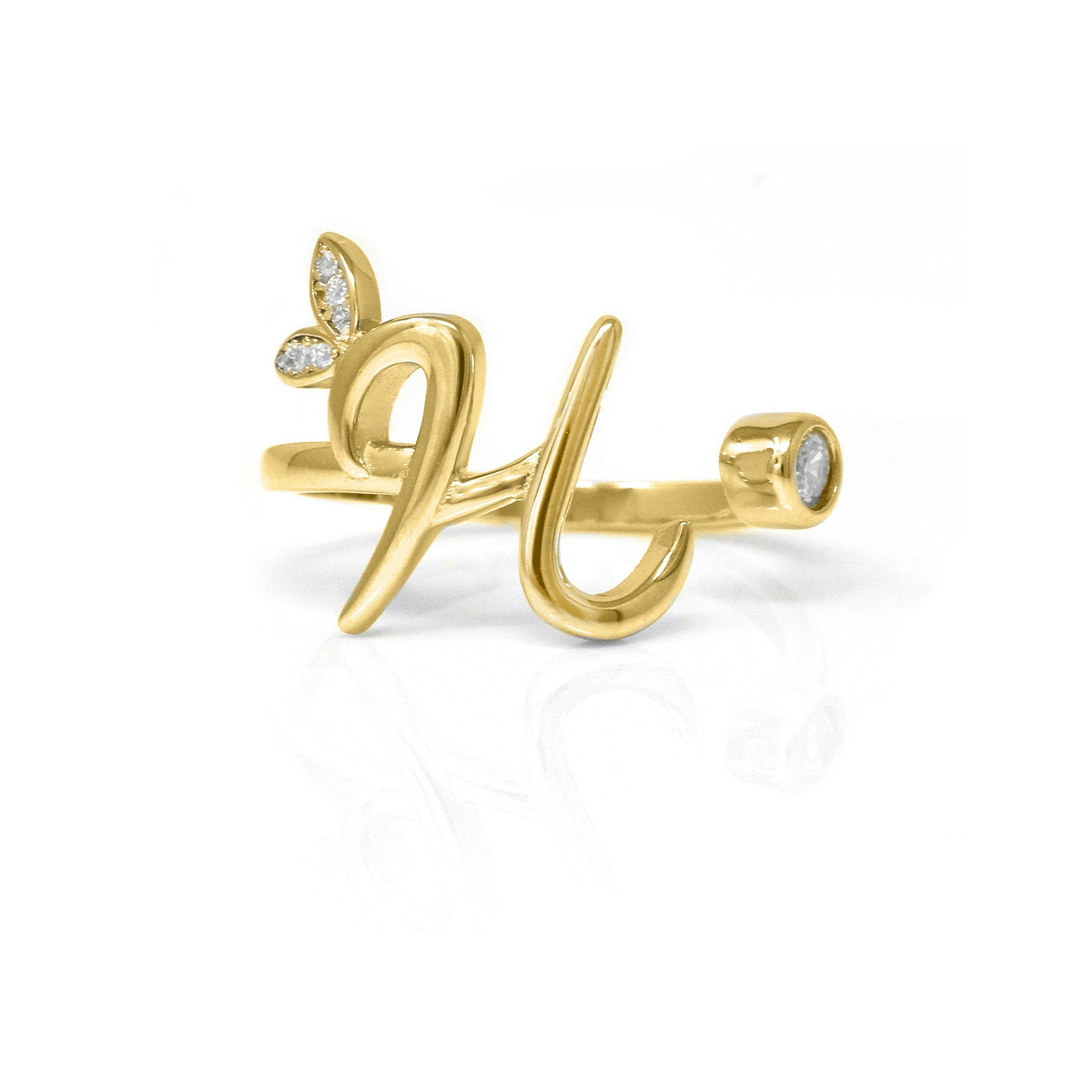 Say It With Yellow/Gold Adjustable Winged Initial Ring - Plated - H