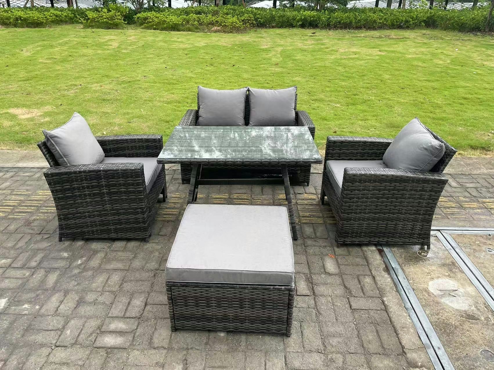 Rackhams Dark/Grey 5 Seater Outdoor Mixed High Back Rattan Sofa Dining Table Set Garden Furniture Big Footstool