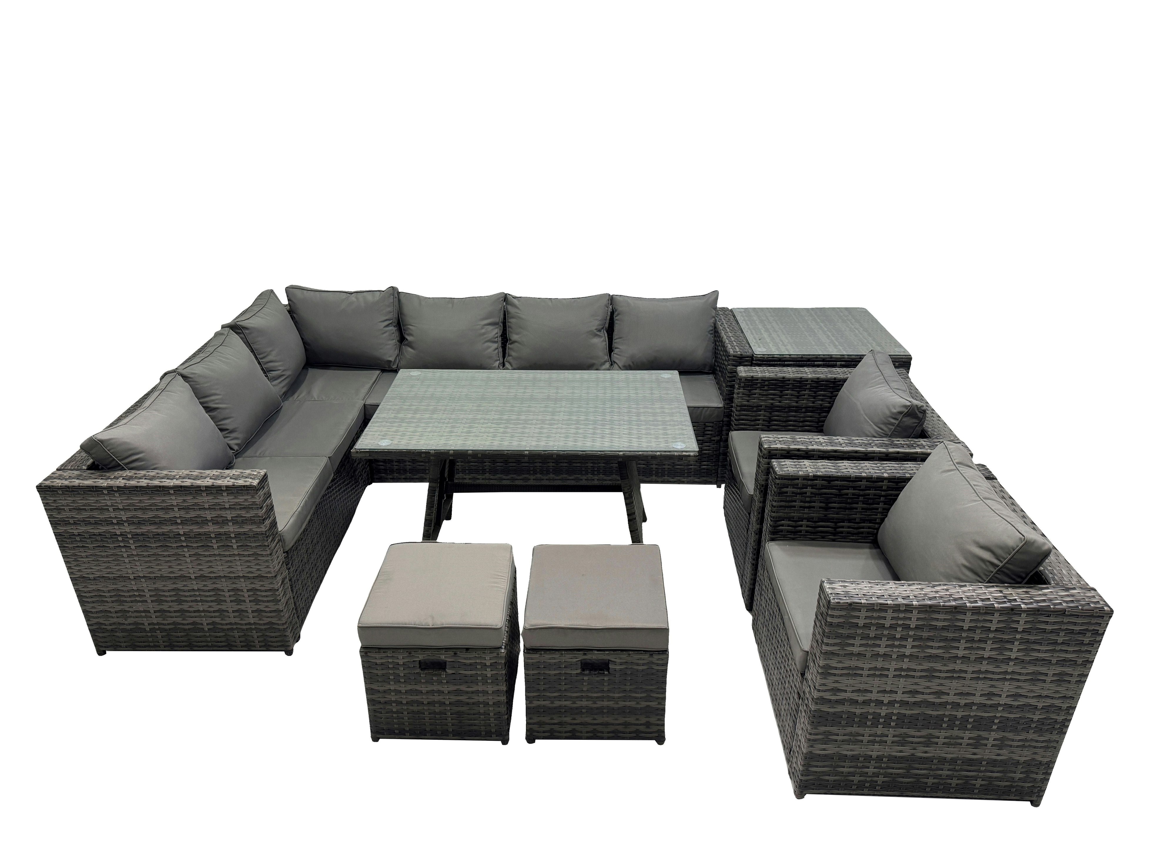 Fimous Dark/Grey 10 Seater Outdoor Pe Rattan Sofa Set With Dining Table Patio Garden Furniture Sets With 2 Chair 2 Small Stools Side Table Mixed