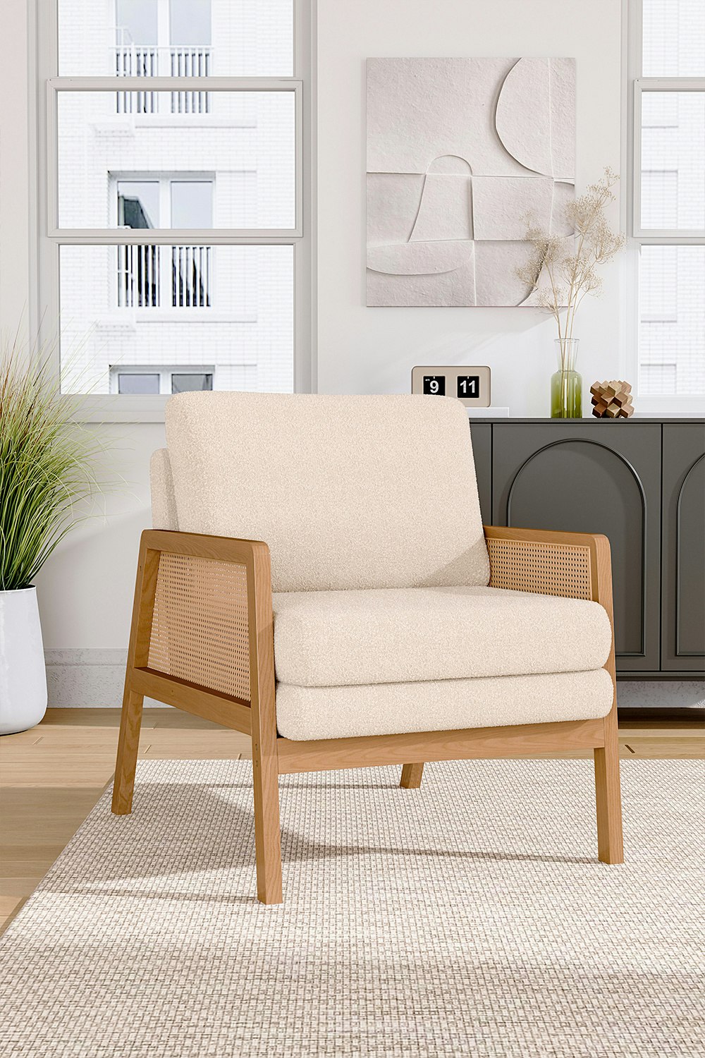 Rackhams White Teddy Fur Rattan Armrest Sofa Cushioned Armchair