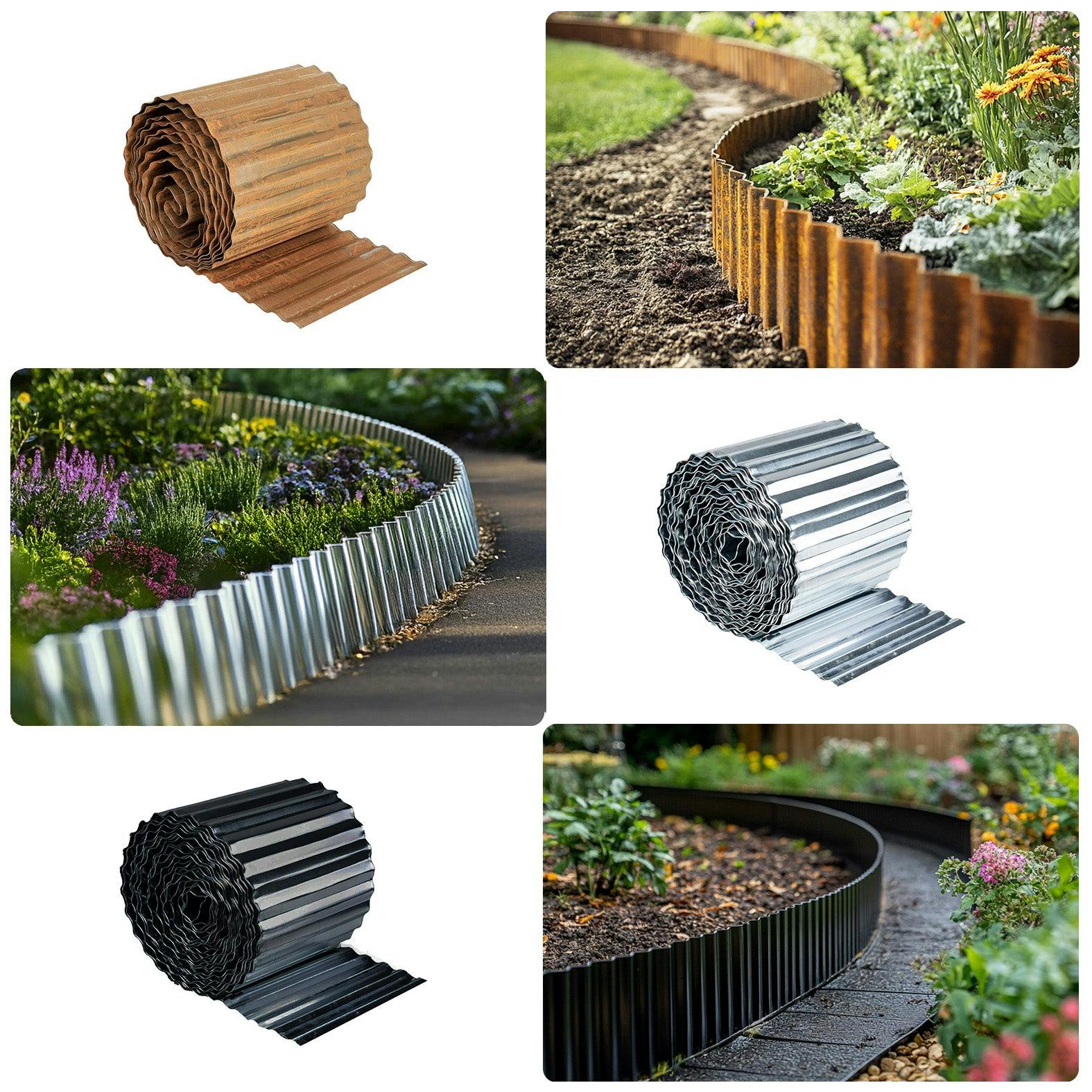 Rackhams Silver/Black Corrugated Metal Garden Border Roll – 5M / 6M / 12M Long Rolls - Rust - 12M