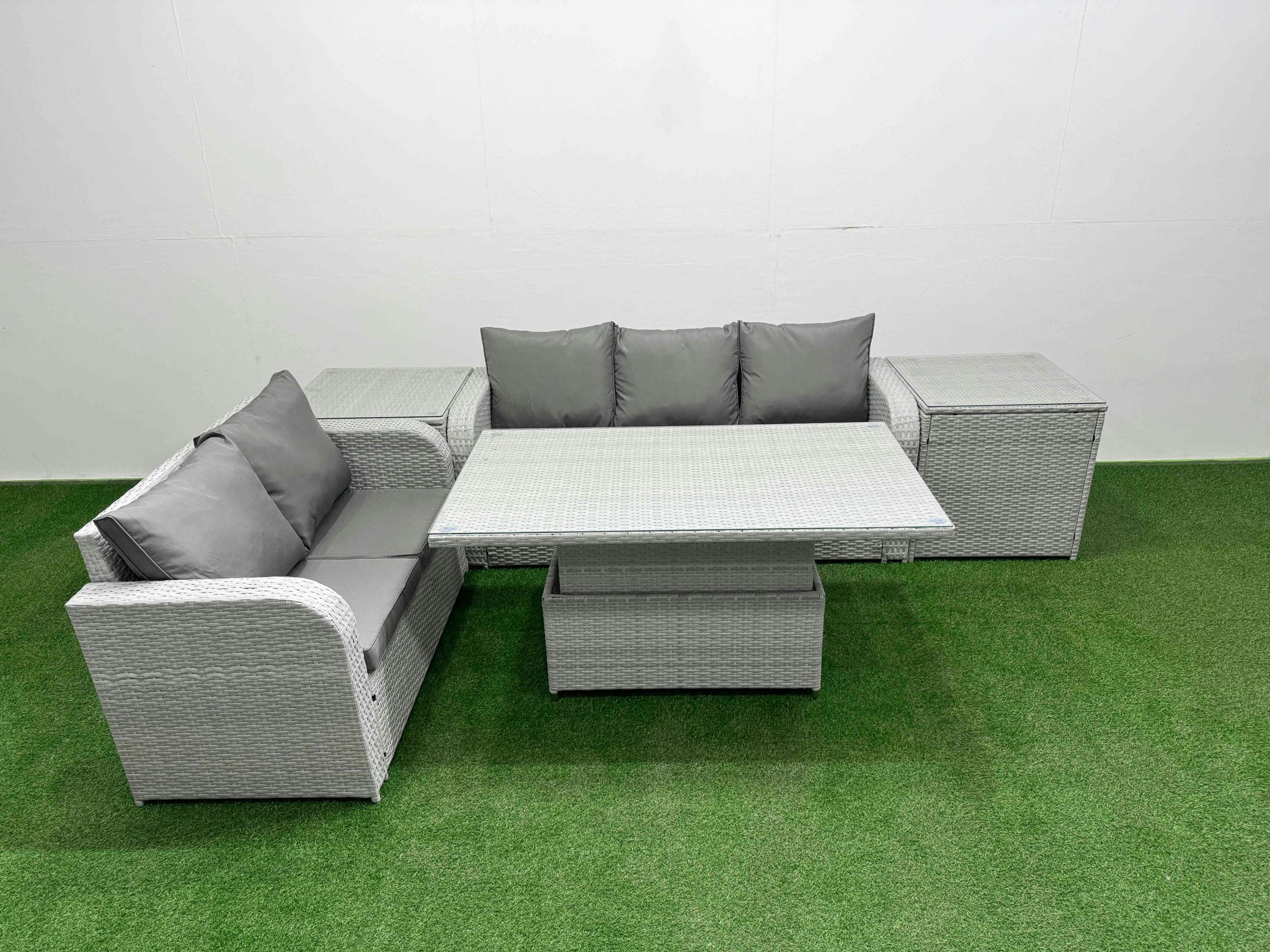 Rackhams Light/Grey 5 Seater Pe Rattan Garden Furniture Patio Conservatory Set, Adj Height Table, 3 Seater Sofa, Love Sofa And 2 Side Tables,
