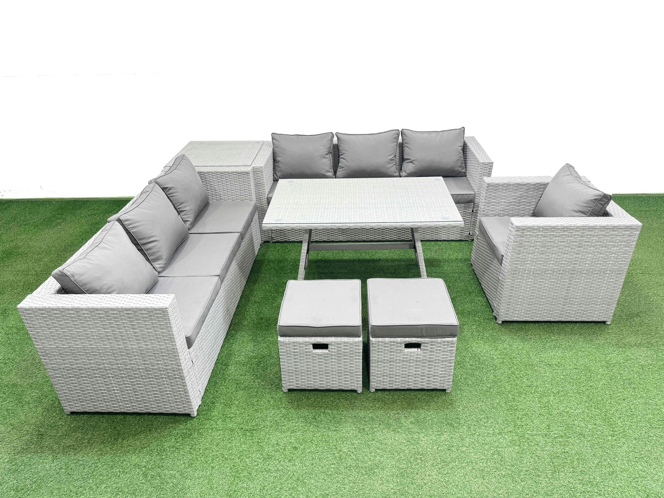 Fimous Light/Grey/Dark Outdoor Rattan Garden Furniture Dining Set 9 Seater Patio Rectangular Table 3 Seater Sofa Armchair Set With Side Table 2 Small Stools