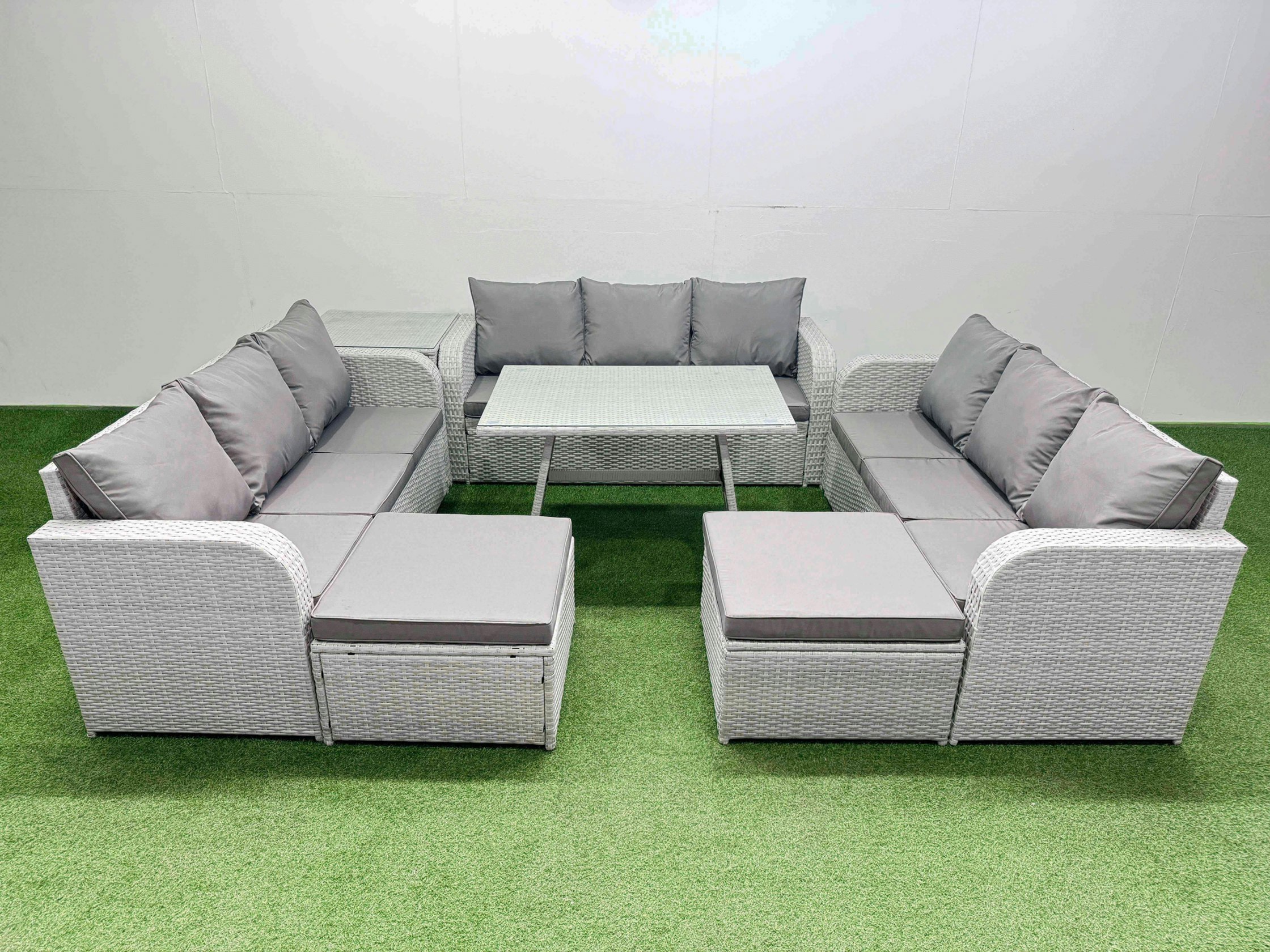 Fimous Light/Grey 11 Seat Outdoor Pe Rattan Garden Furniture With Cushions 3 Seater Sofa Side Table 2 Big Stools
