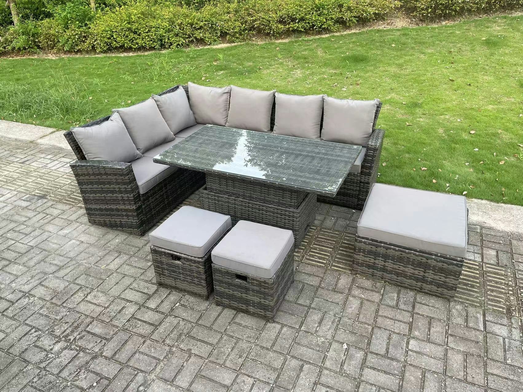 Rackhams Dark/Grey 9 Seater High Back?Outdoor Rattan Adjustable Rising Lifting Dining Table Corner Sofa Set Garden Furniture Footstools Mixed Left Hand